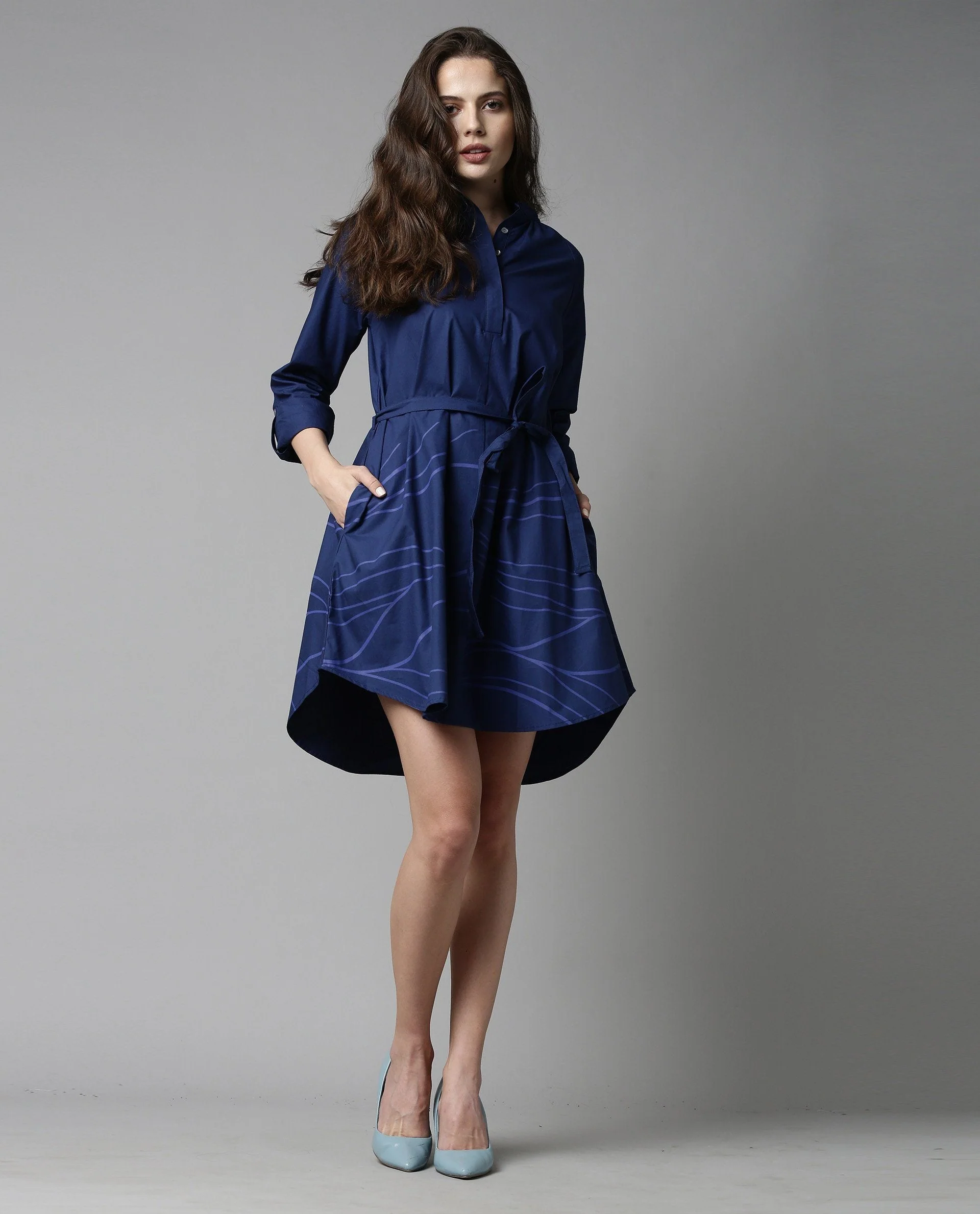 Rareism Women Treo Blue Dress Short Sleeves Solid - Image 4
