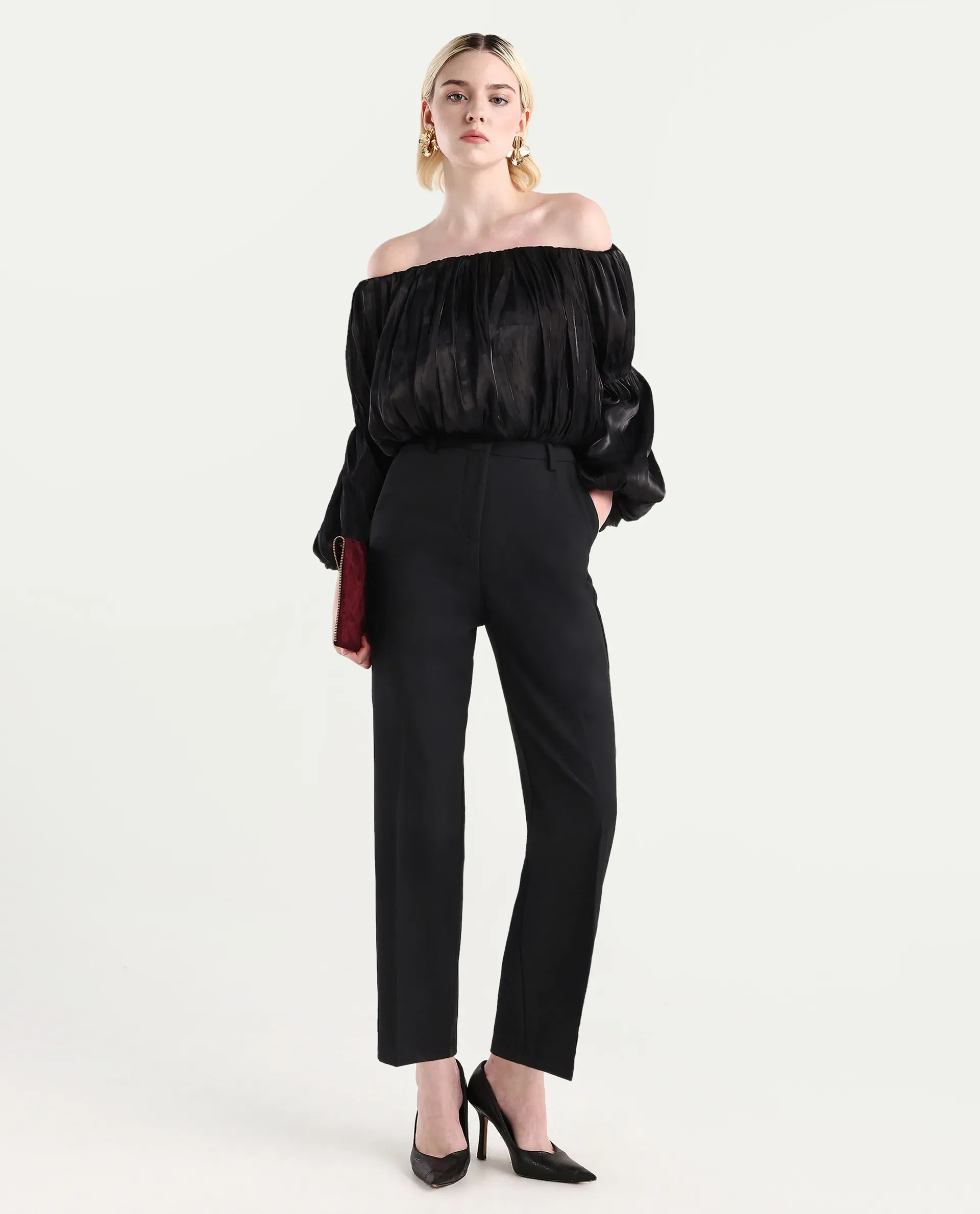 Rareism Women's Trese Black Polyester Plain Fashion Sleeve Crop Regular Fit Top - Image 2