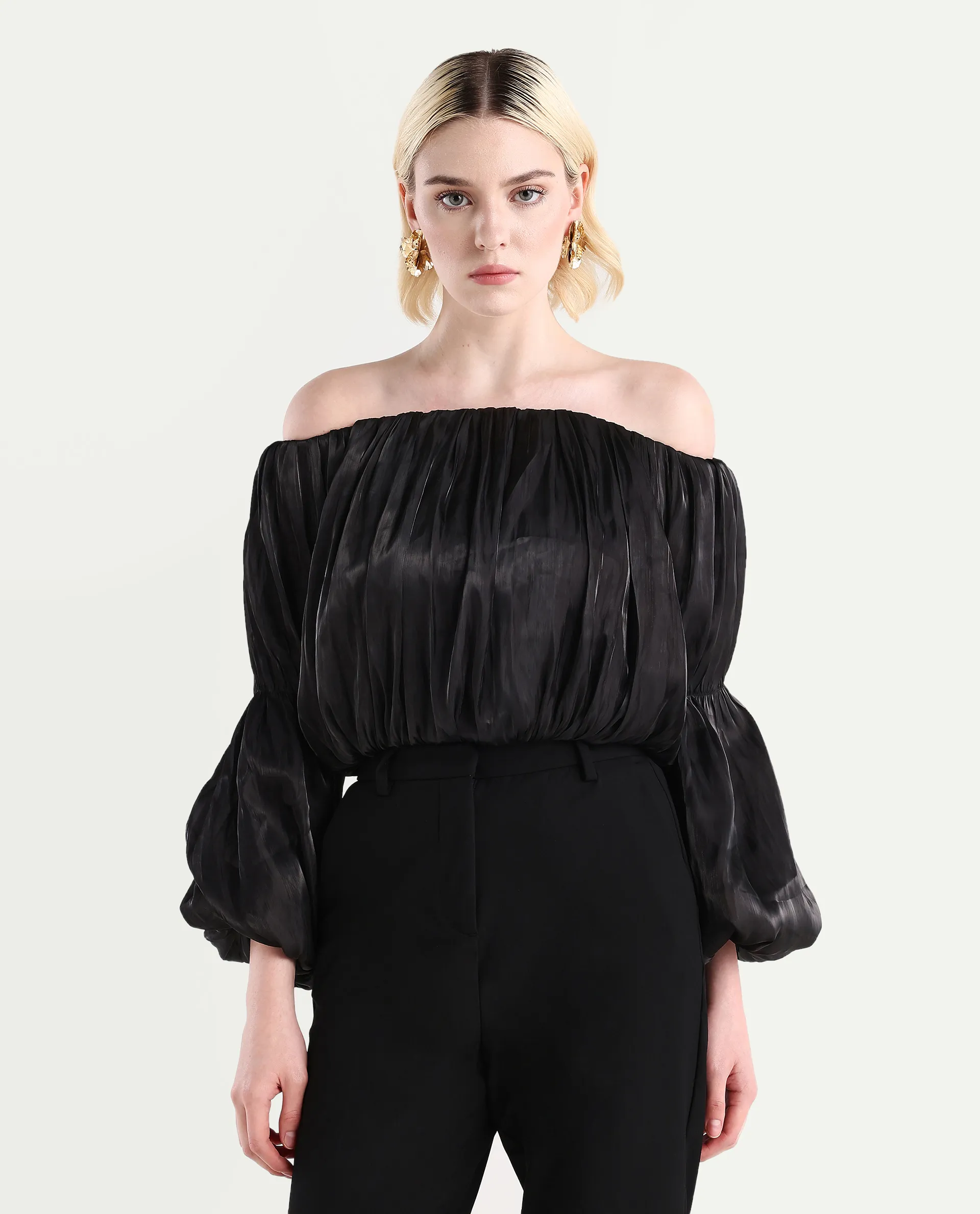 Rareism Women's Trese Black Polyester Plain Fashion Sleeve Crop Regular Fit Top - Image 3