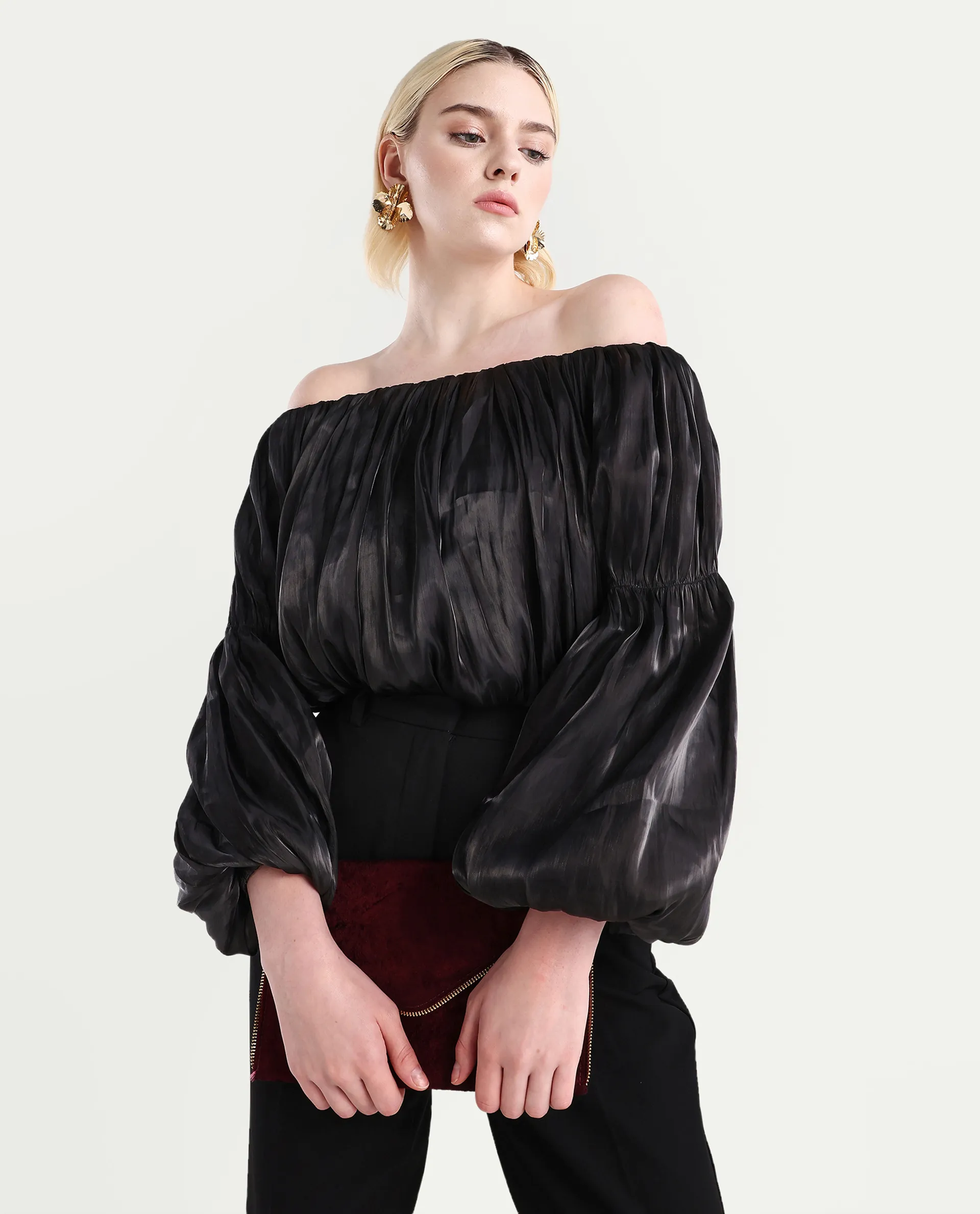 Rareism Women's Trese Black Polyester Plain Fashion Sleeve Crop Regular Fit Top - Image 5