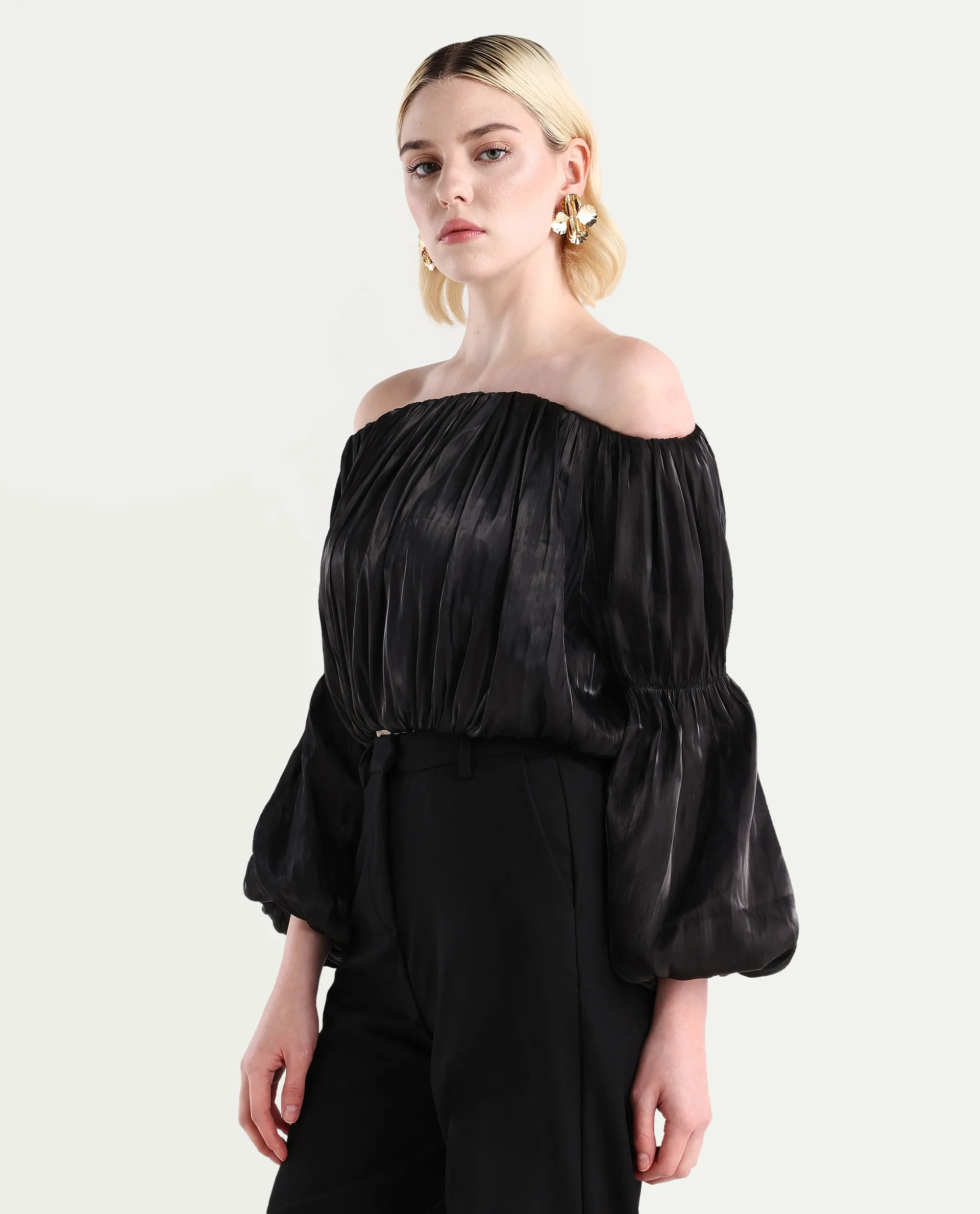 Rareism Women's Trese Black Polyester Plain Fashion Sleeve Crop Regular Fit Top - Image 6