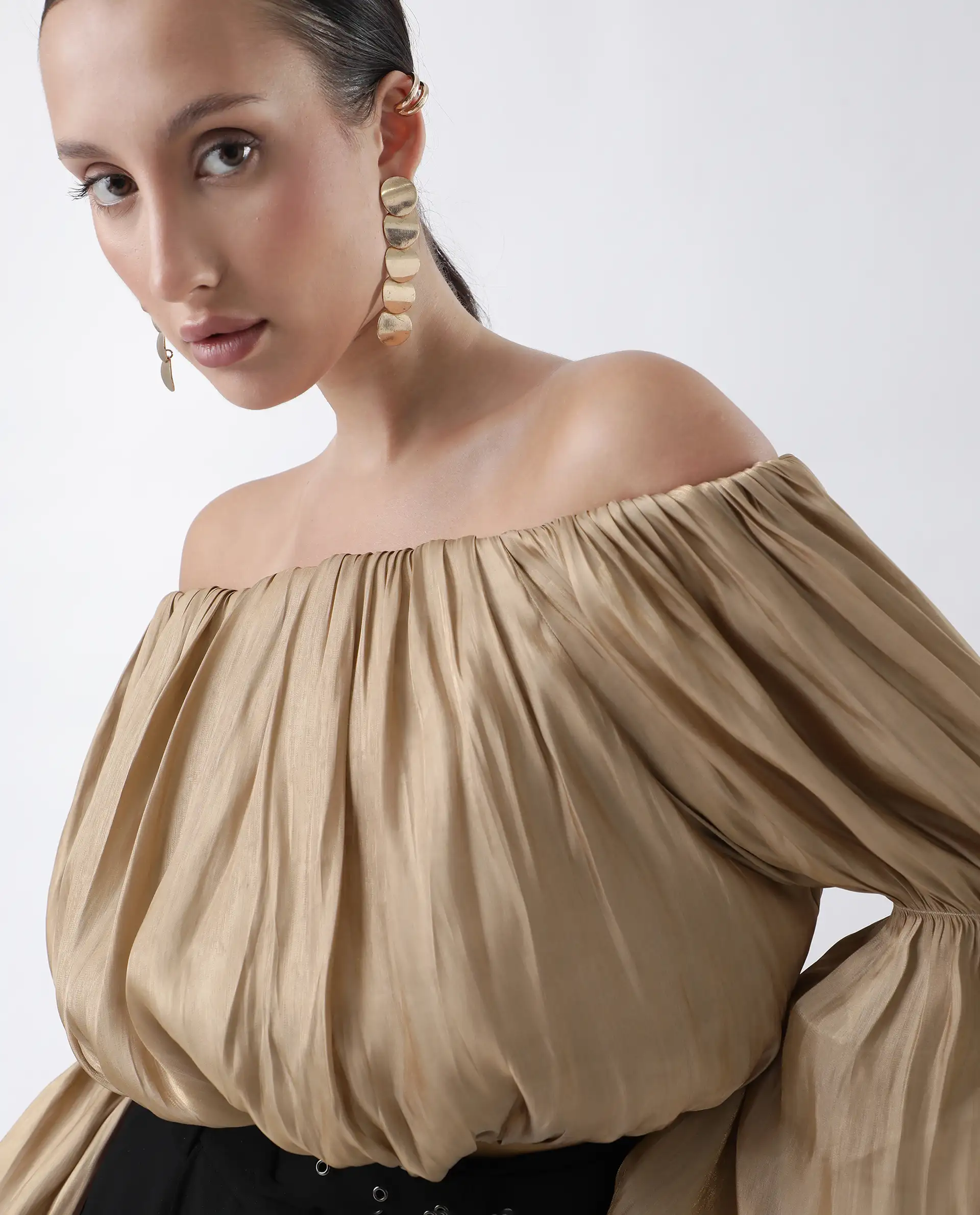 Rareism Women's Trese Gold Polyester Plain Fashion Sleeve Crop Regular Fit Top - Image 2
