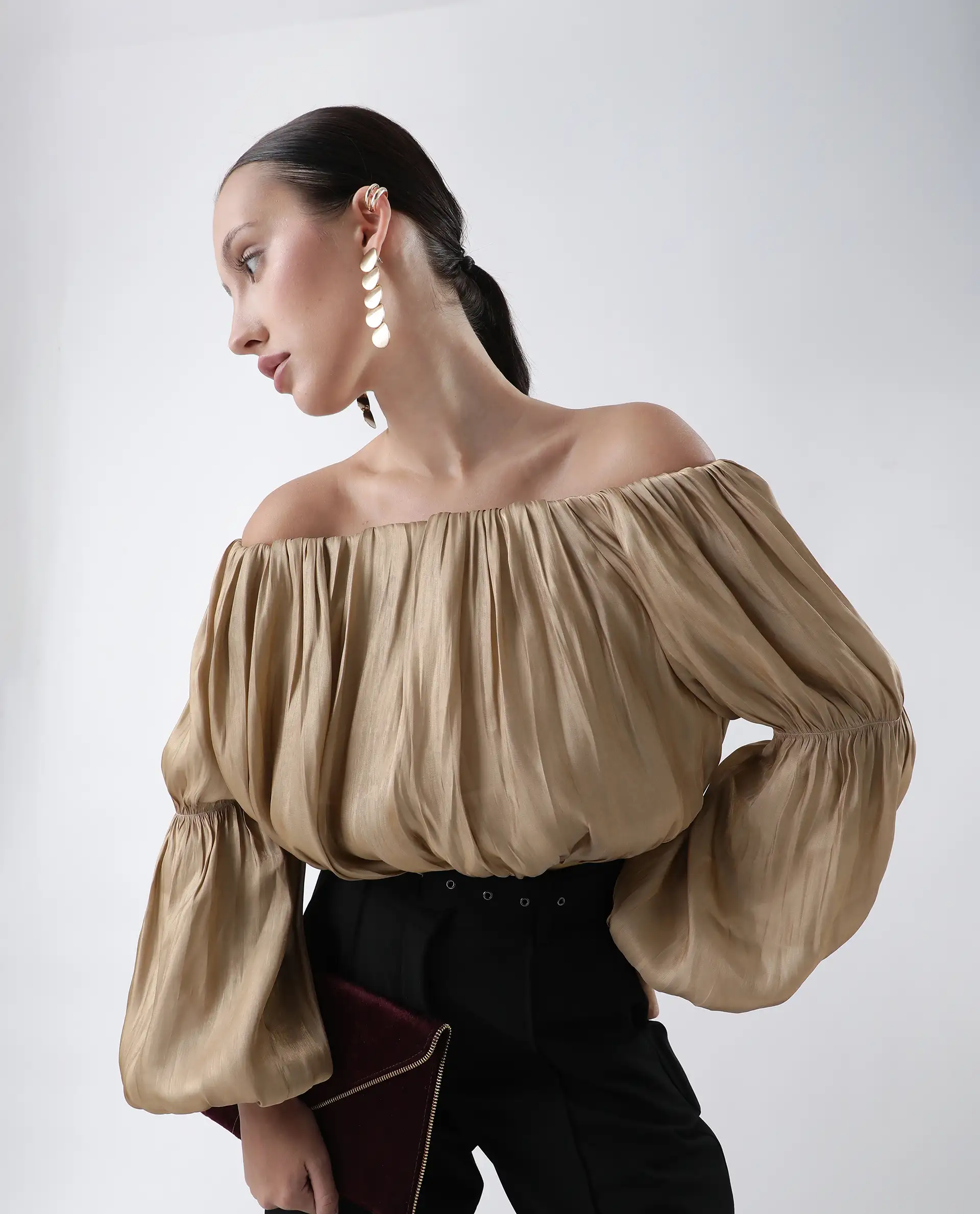 Rareism Women's Trese Gold Polyester Plain Fashion Sleeve Crop Regular Fit Top - Image 3
