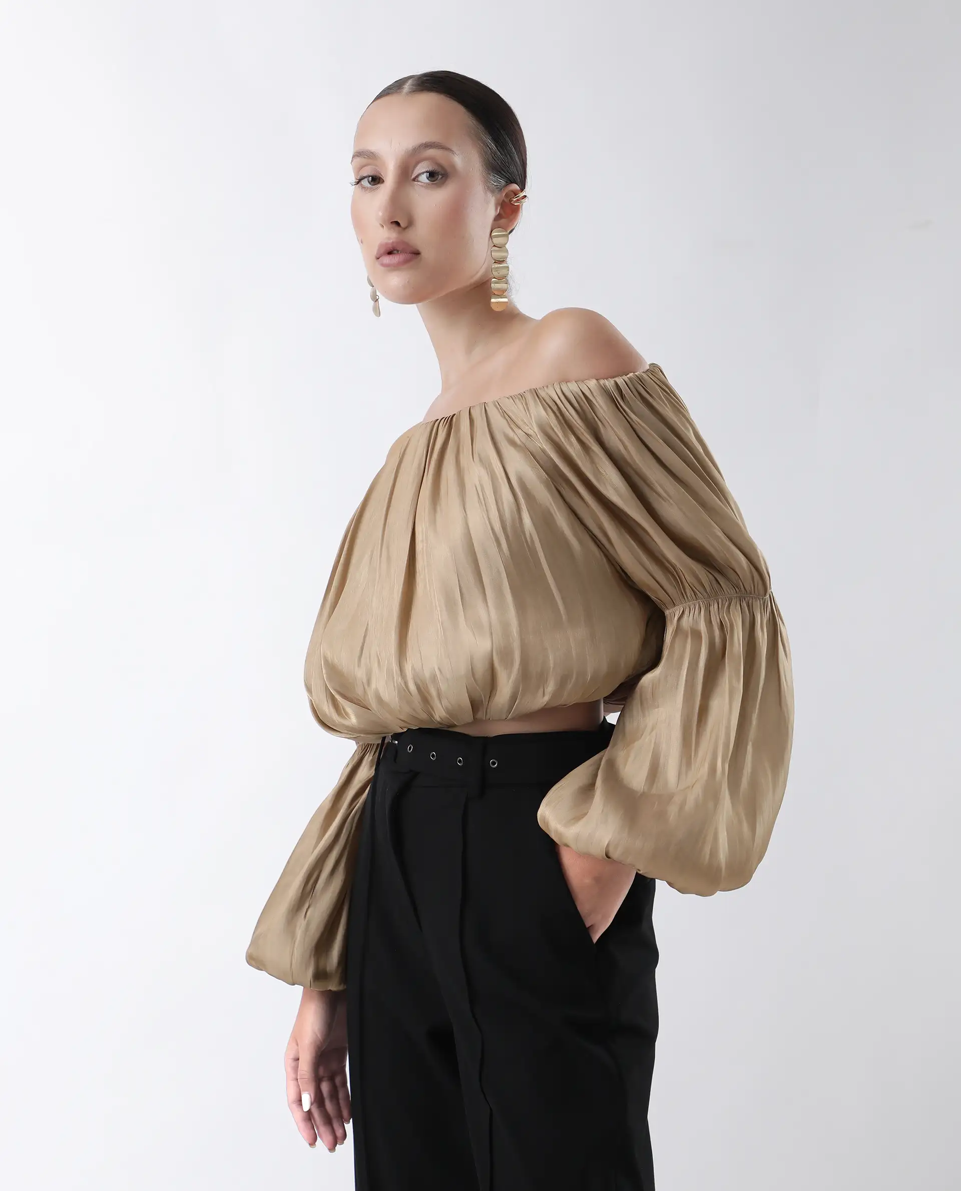 Rareism Women's Trese Gold Polyester Plain Fashion Sleeve Crop Regular Fit Top - Image 5