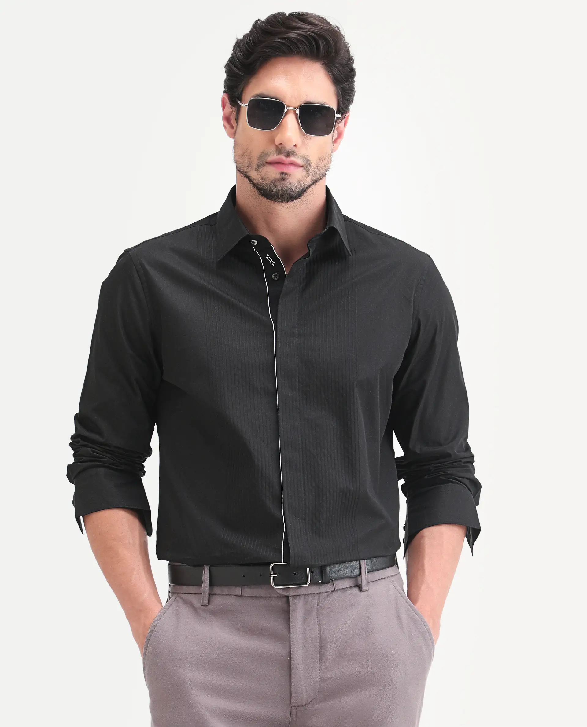 Rare Rabbit Men's Trev Black Cotton Fabric Full Sleeve Spread Collar Regular Striped Shirt