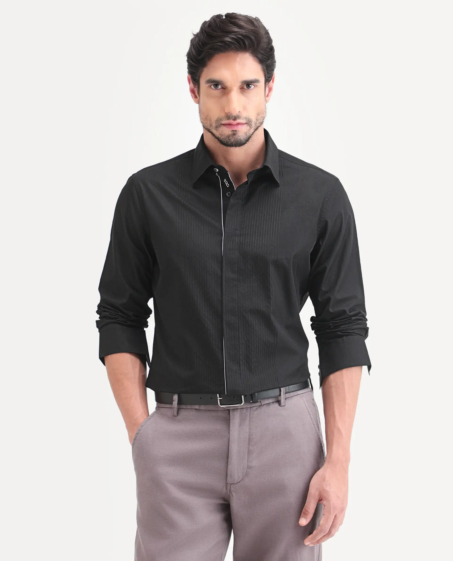 Rare Rabbit Men's Trev Black Cotton Fabric Full Sleeve Spread Collar Regular Striped Shirt - Image 4