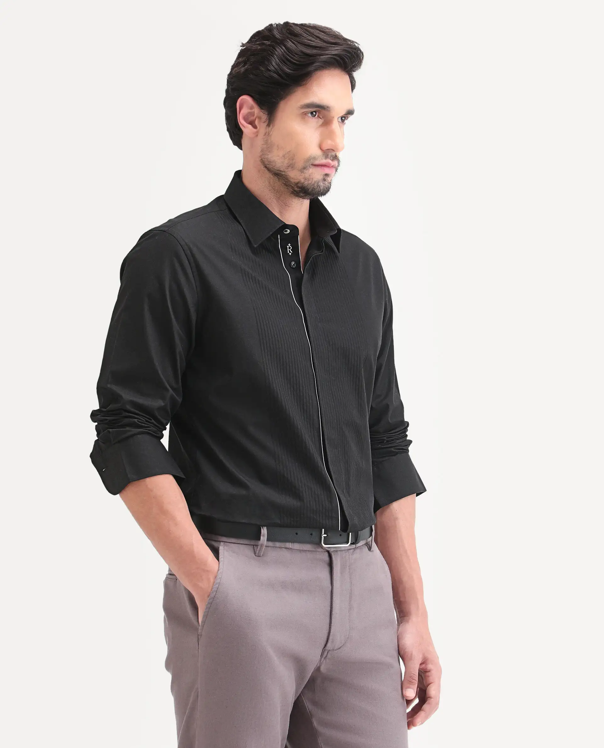 Rare Rabbit Men's Trev Black Cotton Fabric Full Sleeve Spread Collar Regular Striped Shirt - Image 5