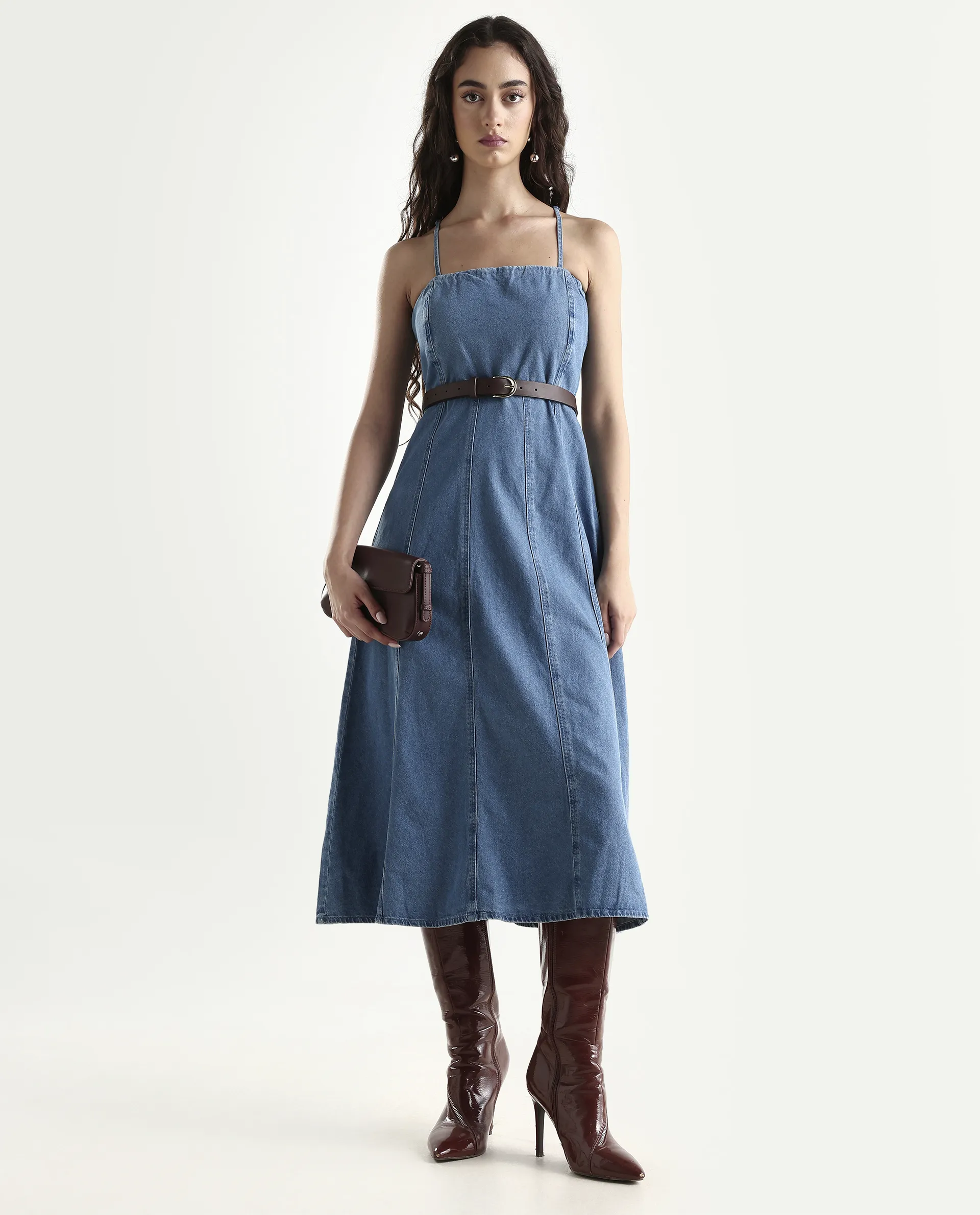 Rareism Women's Trevo Blue Cotton Tube Neck Plain Sleeveless Midi Fit And Flare Dress - Image 2