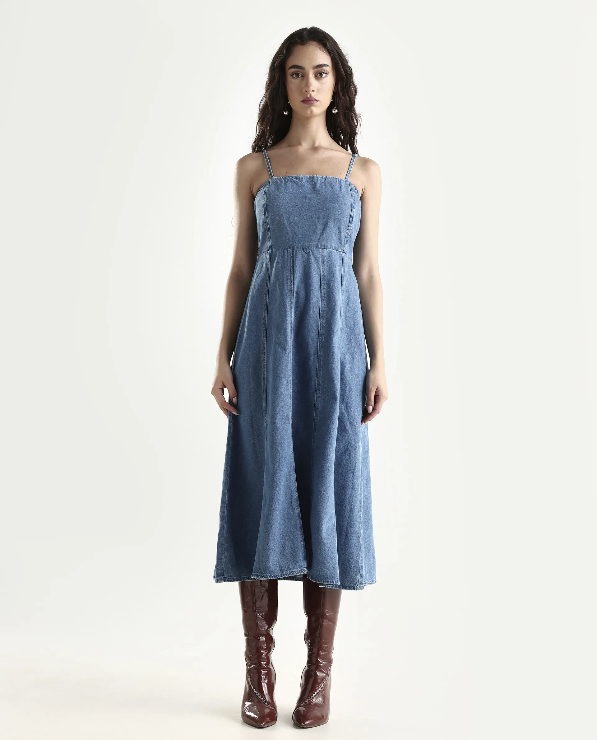 Rareism Women's Trevo Blue Cotton Tube Neck Plain Sleeveless Midi Fit And Flare Dress - Image 3