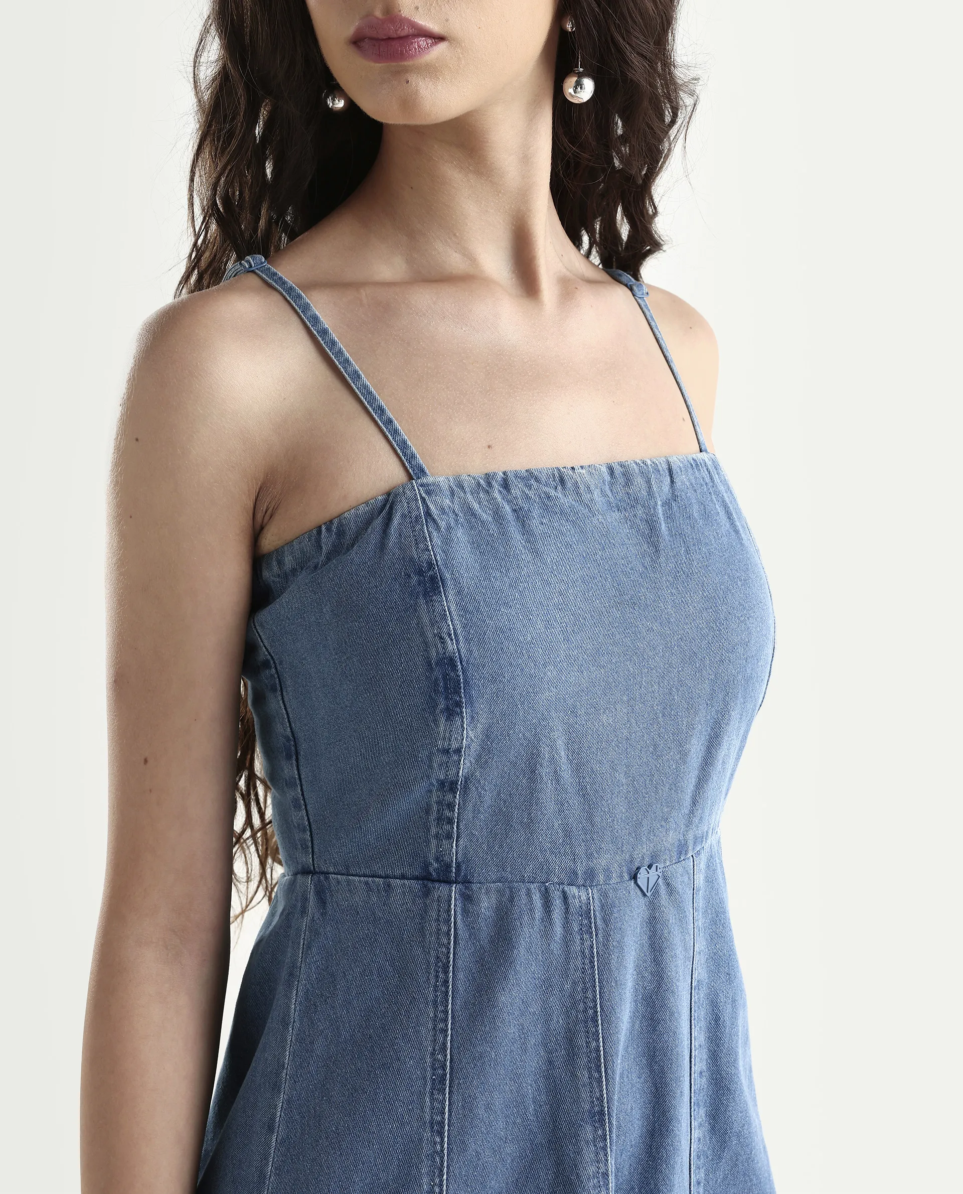 Rareism Women's Trevo Blue Cotton Tube Neck Plain Sleeveless Midi Fit And Flare Dress - Image 4