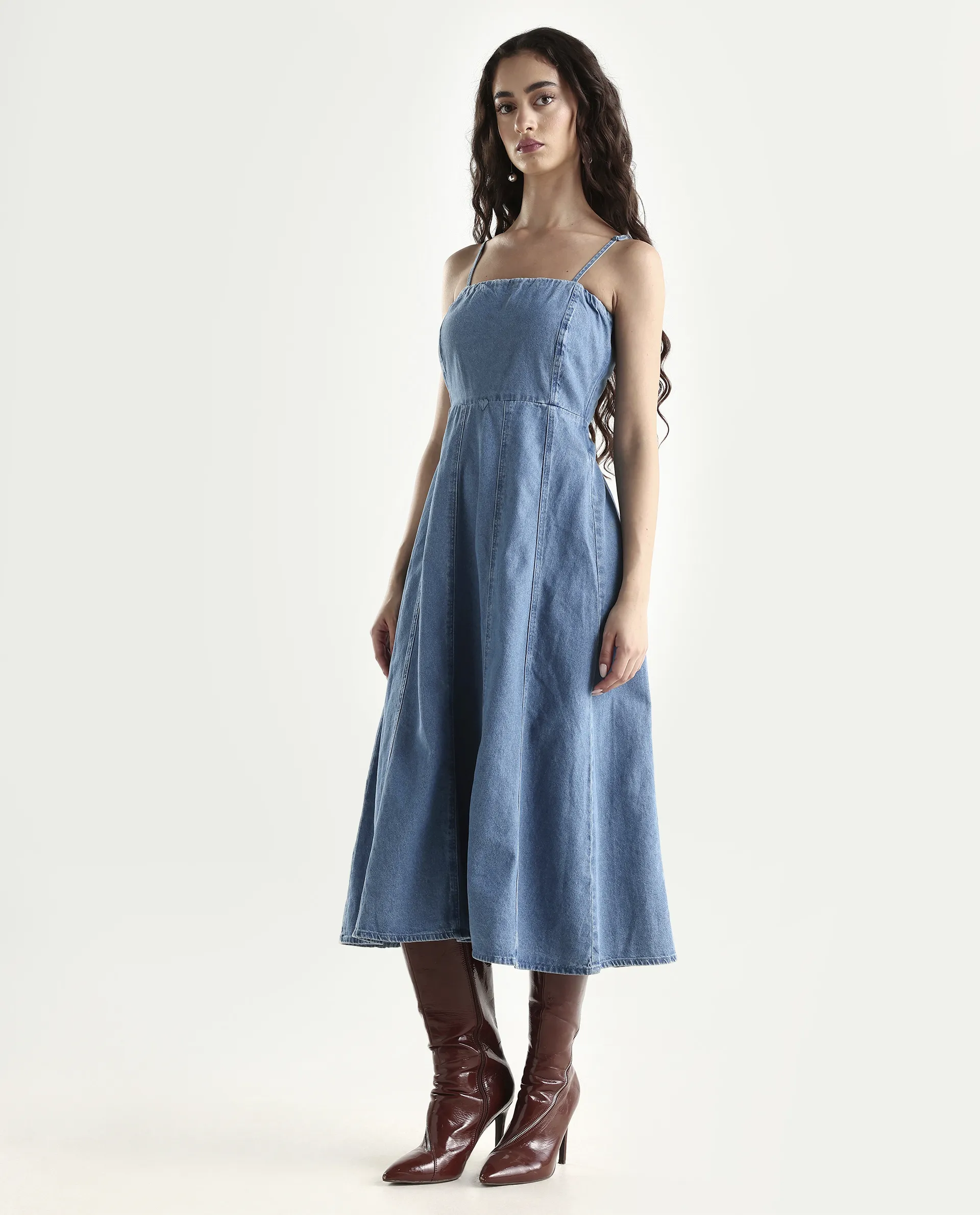 Rareism Women's Trevo Blue Cotton Tube Neck Plain Sleeveless Midi Fit And Flare Dress - Image 5