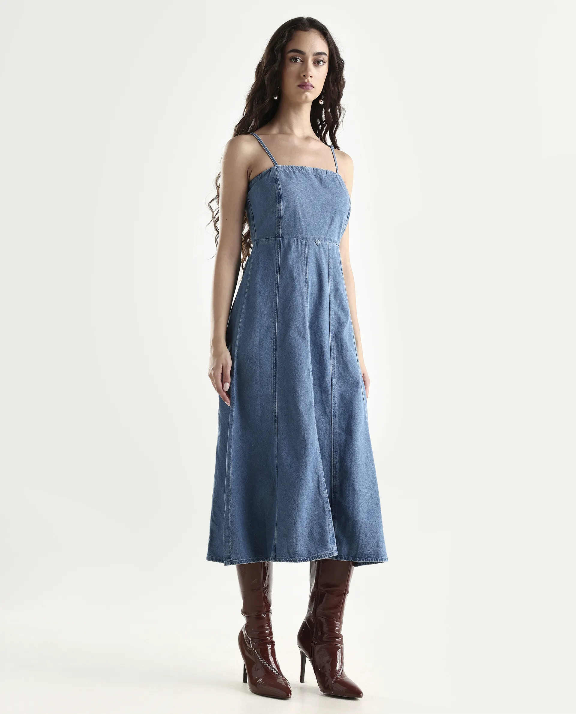 Rareism Women's Trevo Blue Cotton Tube Neck Plain Sleeveless Midi Fit And Flare Dress - Image 6