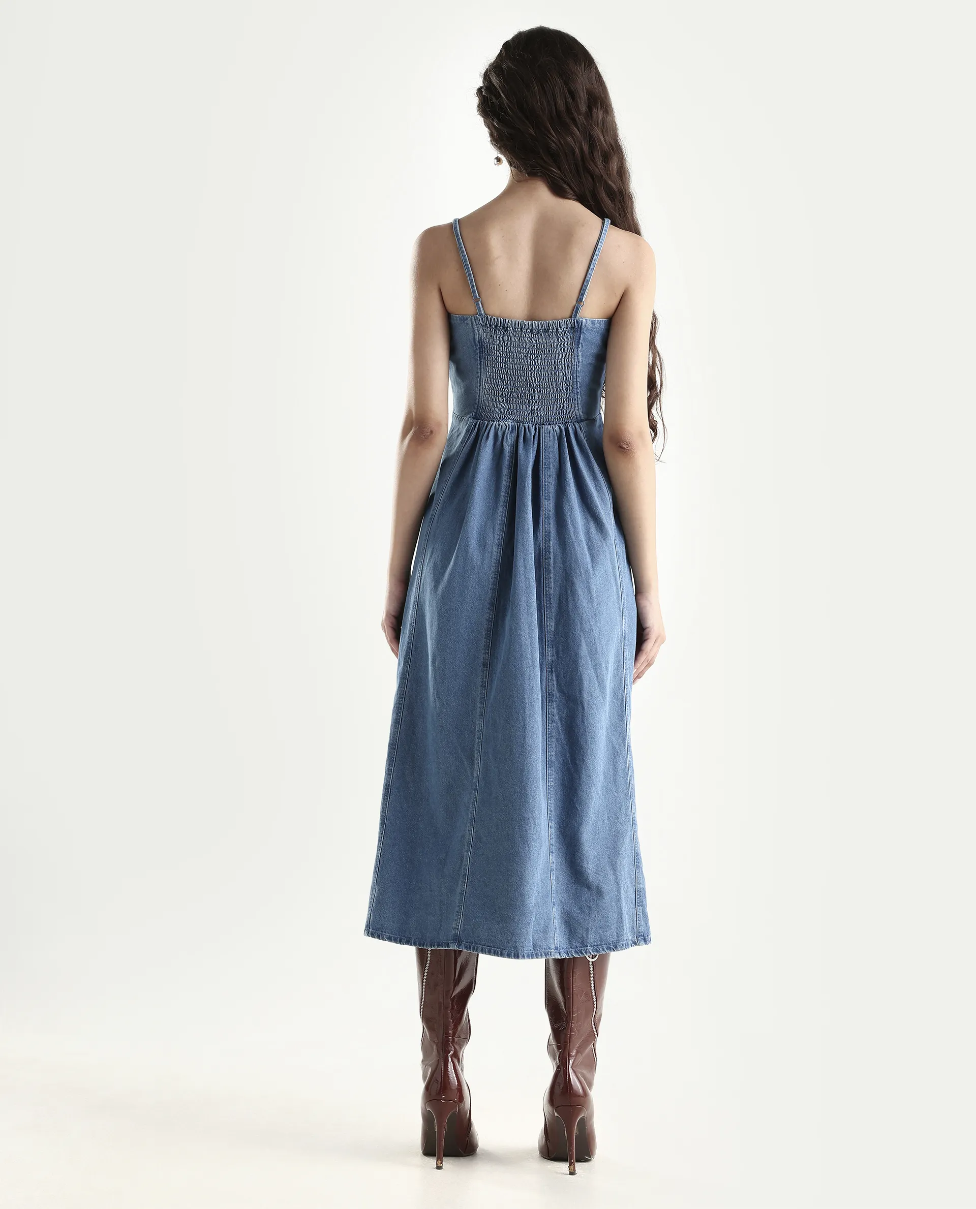 Rareism Women's Trevo Blue Cotton Tube Neck Plain Sleeveless Midi Fit And Flare Dress - Image 7