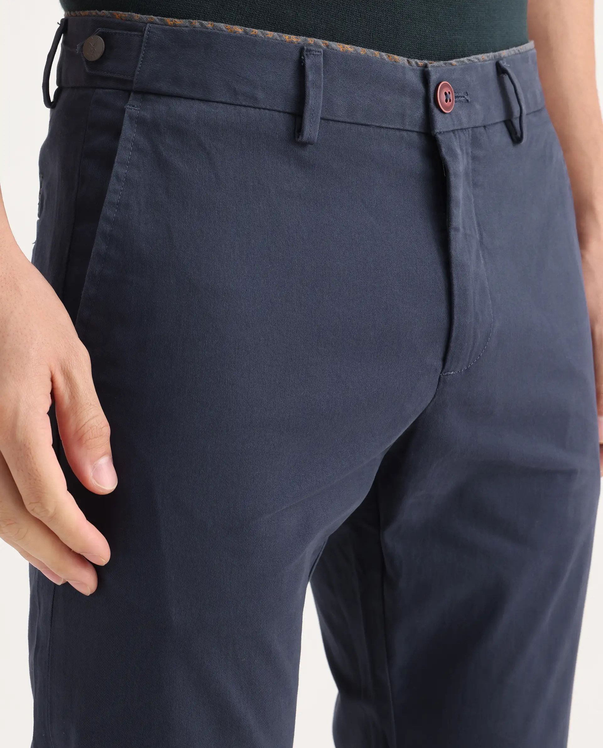 Rare Rabbit Men's Trews-22 Navy Cotton Plain Regular Fit Trouser - Image 3