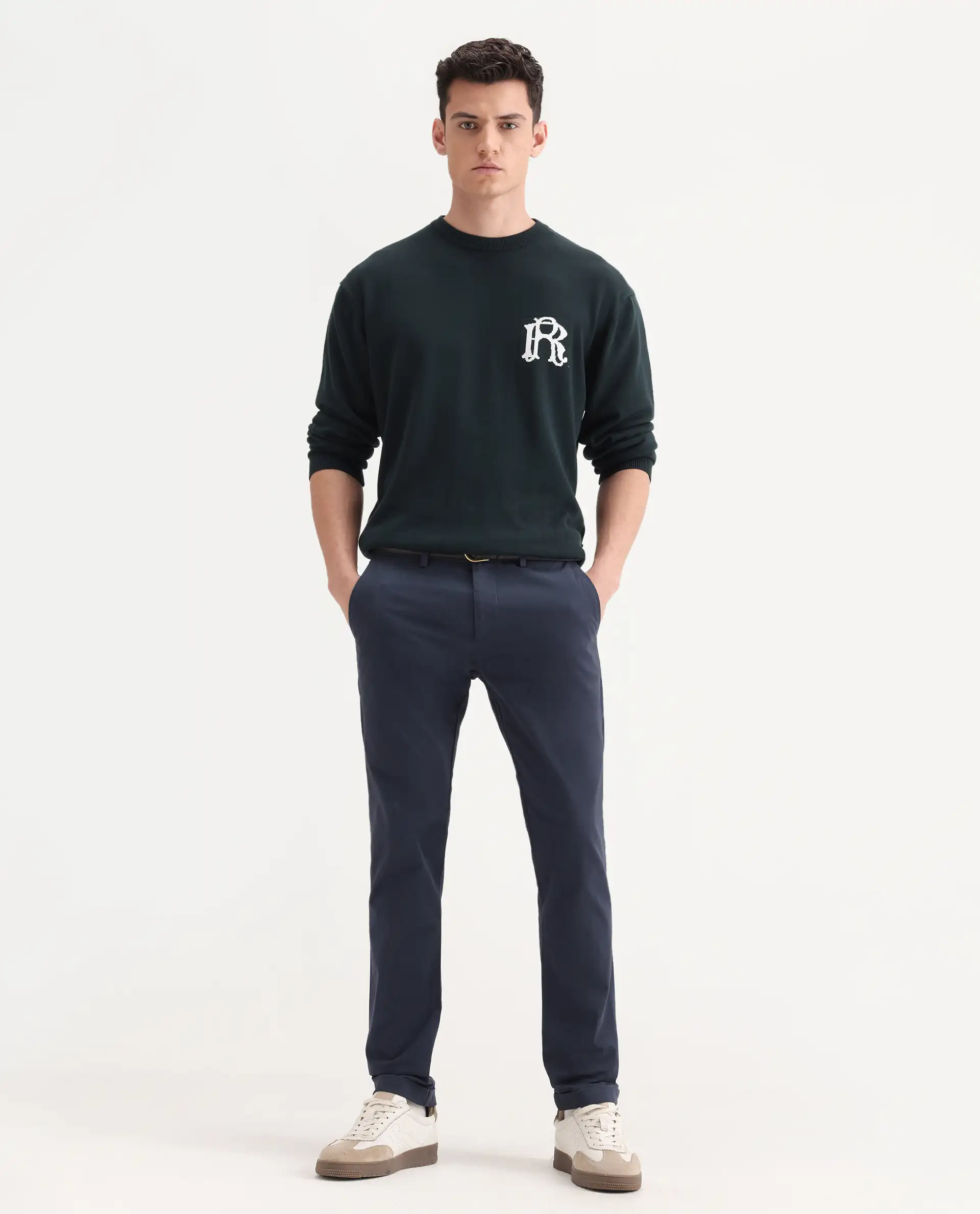 Rare Rabbit Men's Trews-22 Navy Cotton Plain Regular Fit Trouser - Image 4