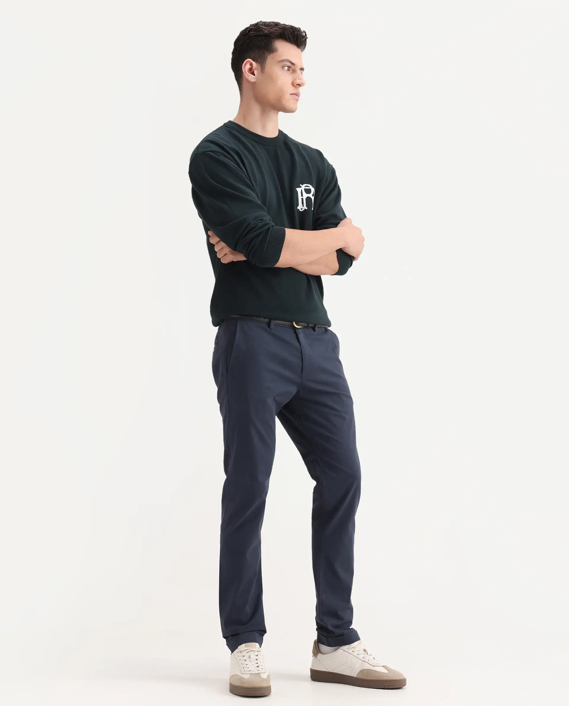 Rare Rabbit Men's Trews-22 Navy Cotton Plain Regular Fit Trouser - Image 7