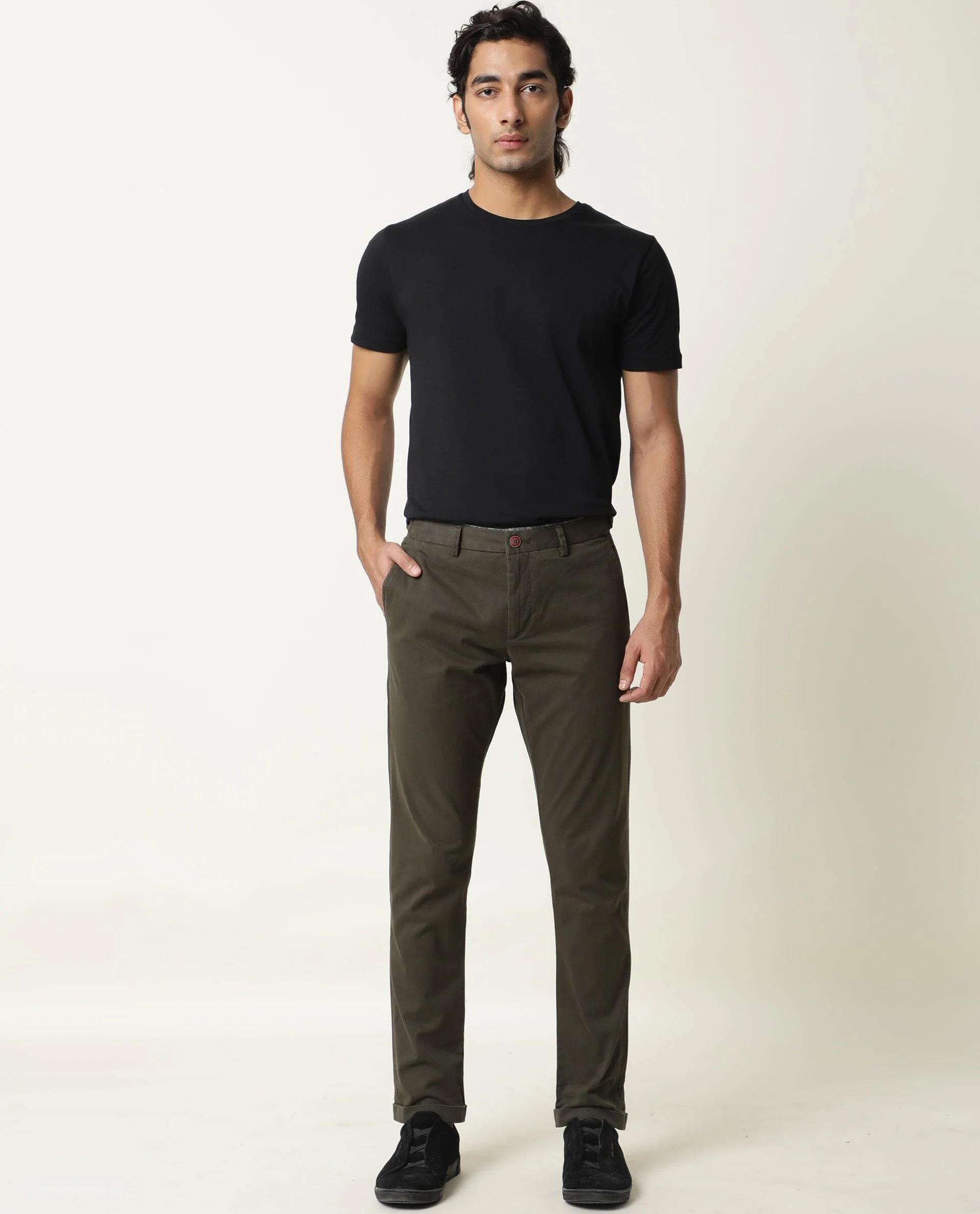 Rare Rabbit Men's Trews-22 Olive Cotton Plain Regular Fit Trouser - Image 2
