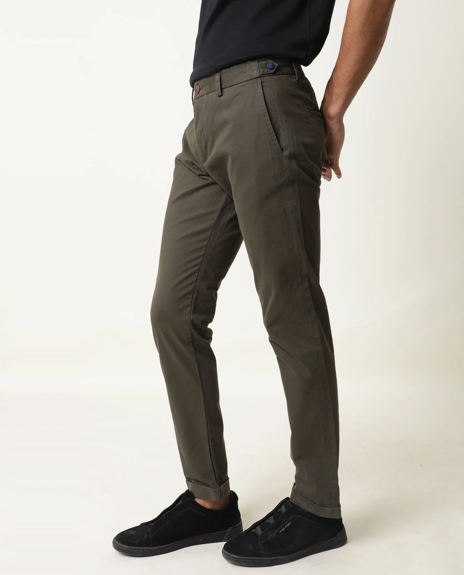 Rare Rabbit Men's Trews-22 Olive Cotton Plain Regular Fit Trouser - Image 3