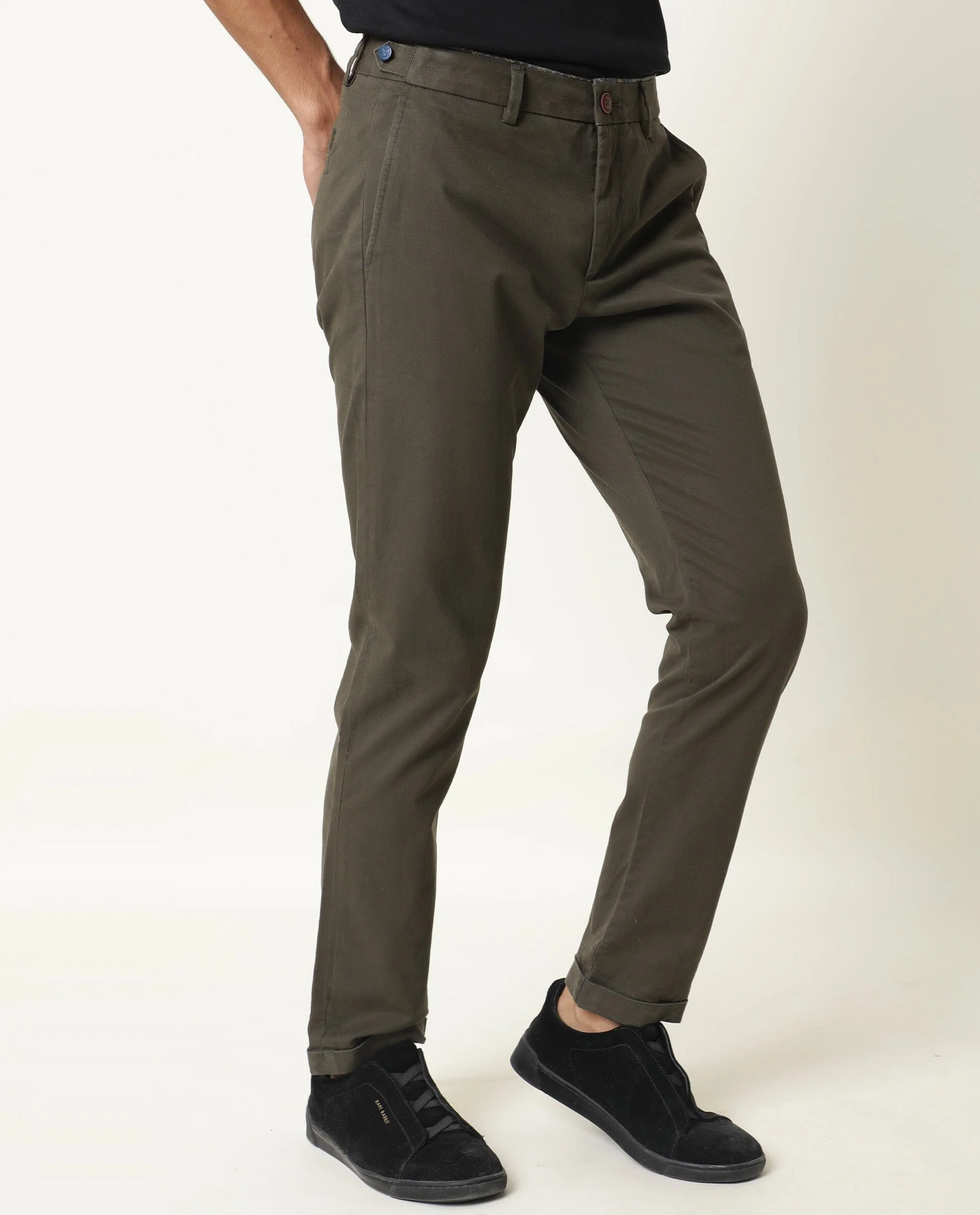 Rare Rabbit Men's Trews-22 Olive Cotton Plain Regular Fit Trouser - Image 4
