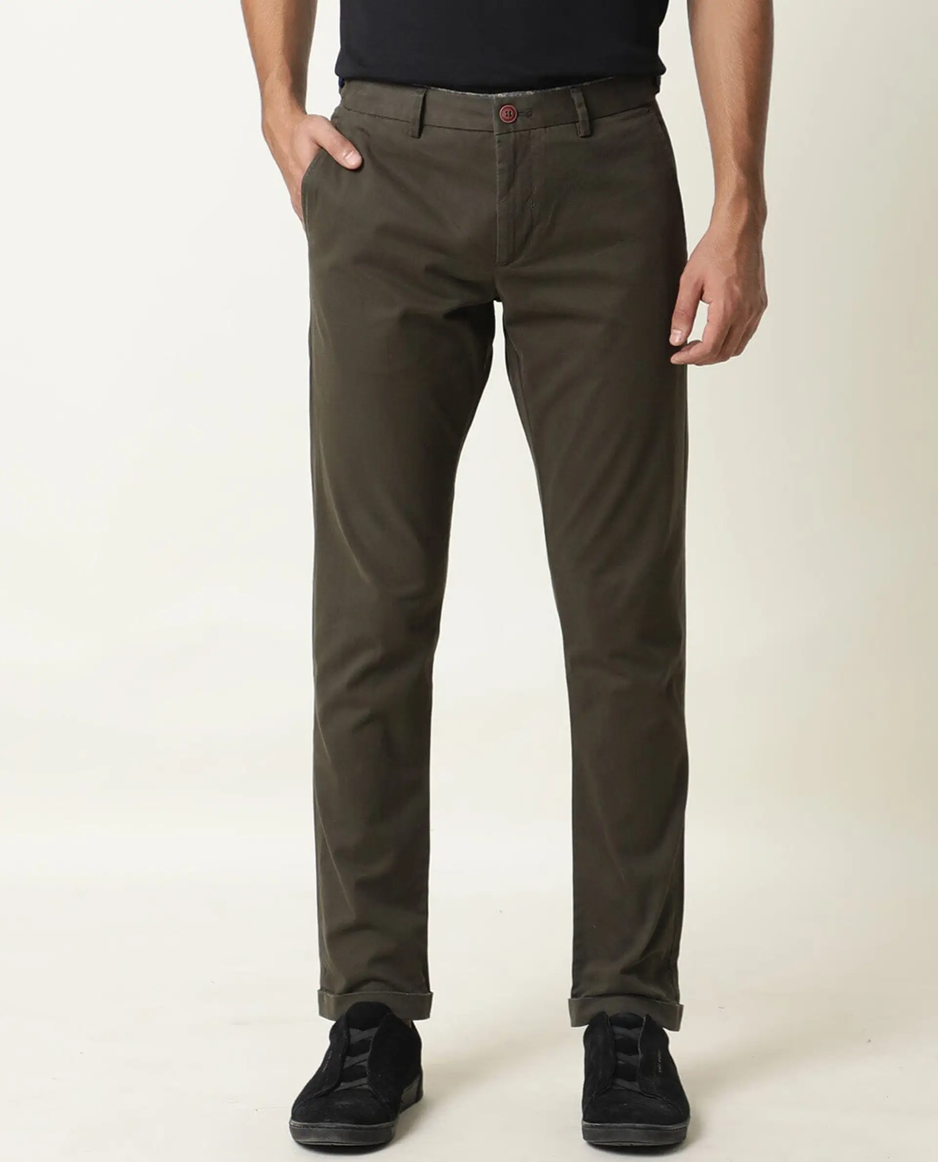 Rare Rabbit Men's Trews-22 Olive Cotton Plain Regular Fit Trouser - Image 7