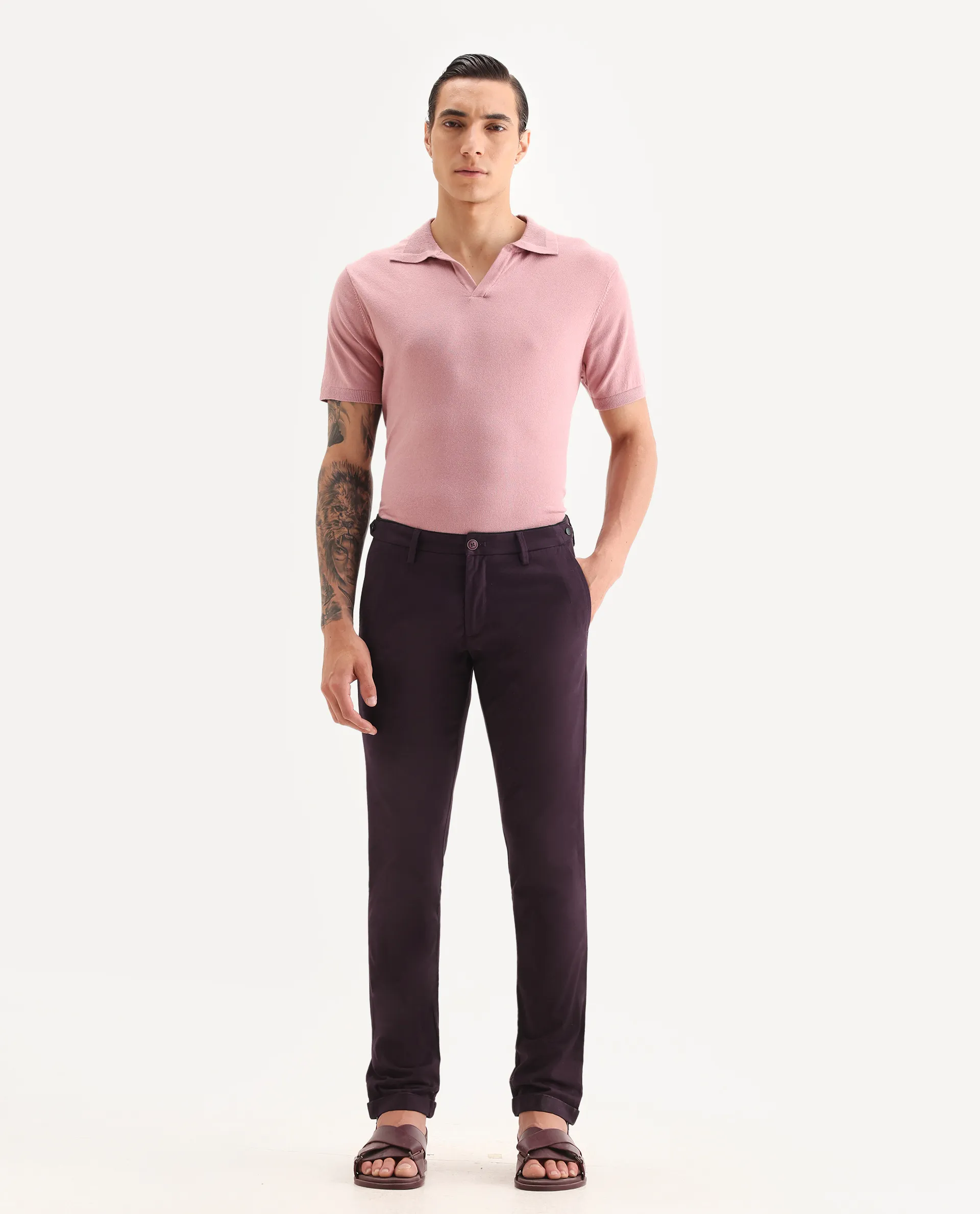 Rare Rabbit Men's Trews-22 Maroon Cotton Plain Regular Fit Trouser - Image 4