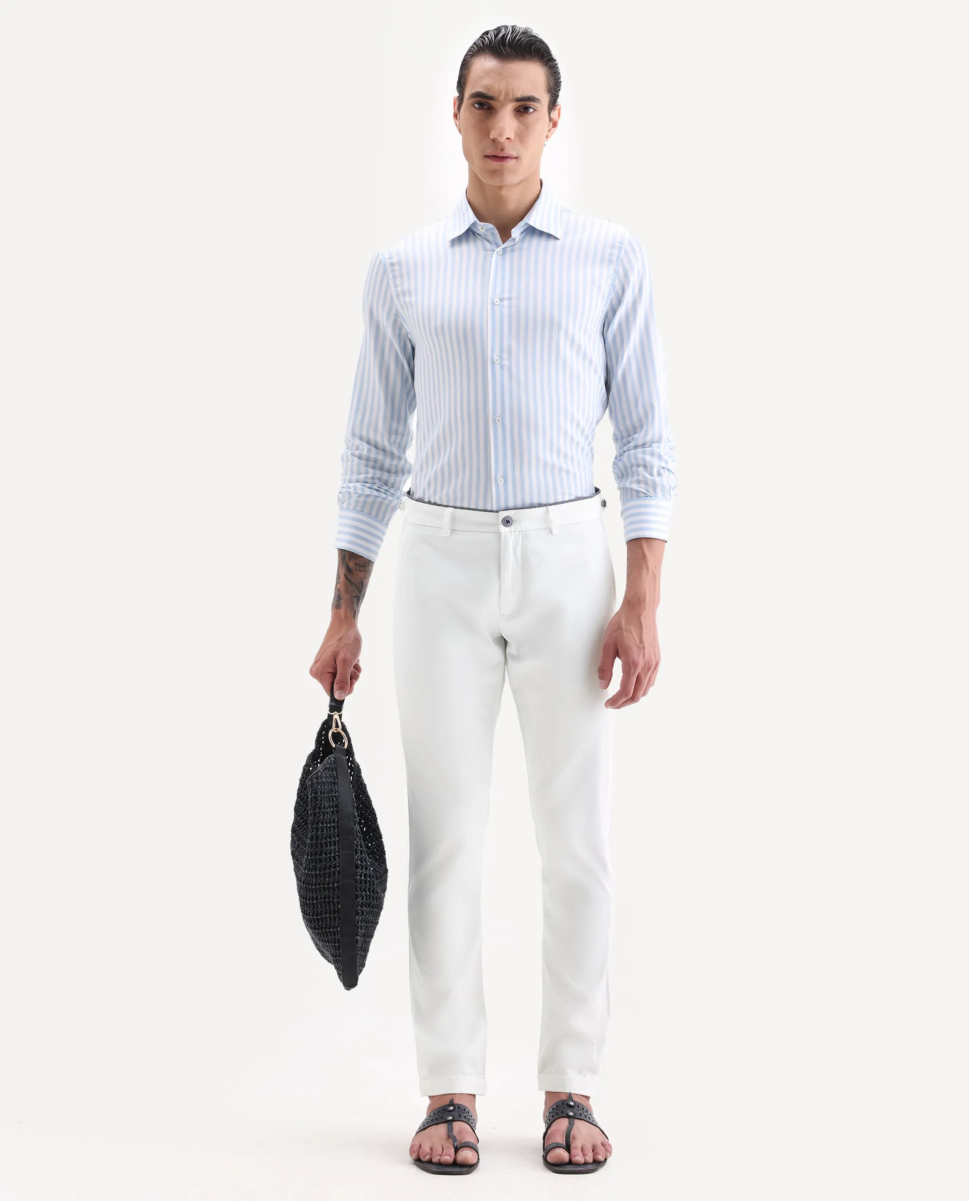 Rare Rabbit Men's Trews-22 White Cotton Plain Regular Fit Trouser