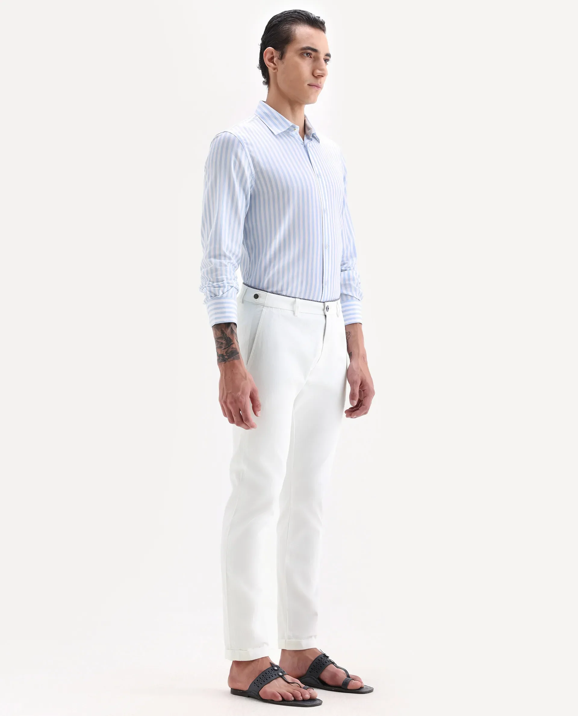 Rare Rabbit Men's Trews-22 White Cotton Plain Regular Fit Trouser - Image 5
