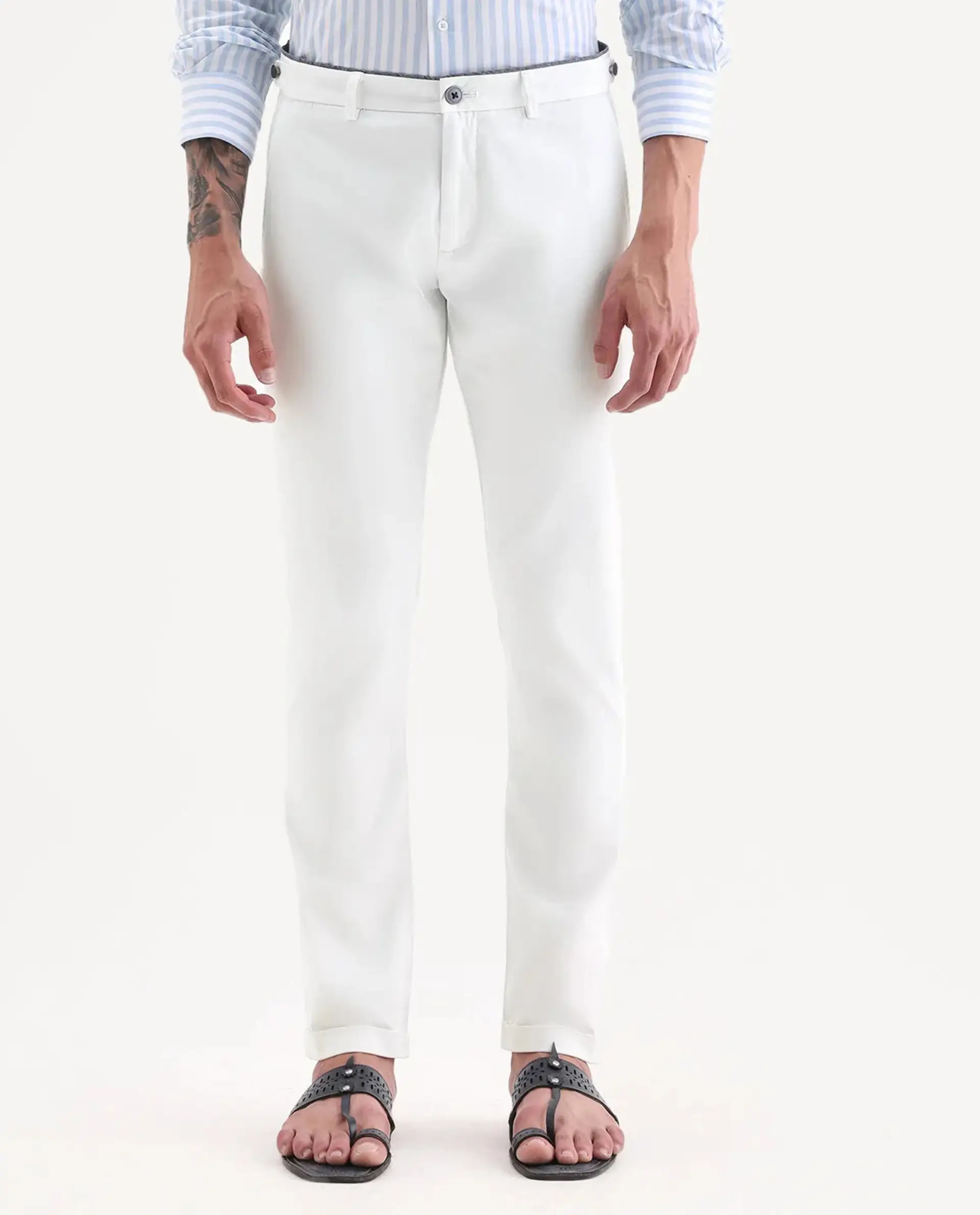 Rare Rabbit Men's Trews-22 White Cotton Plain Regular Fit Trouser - Image 9