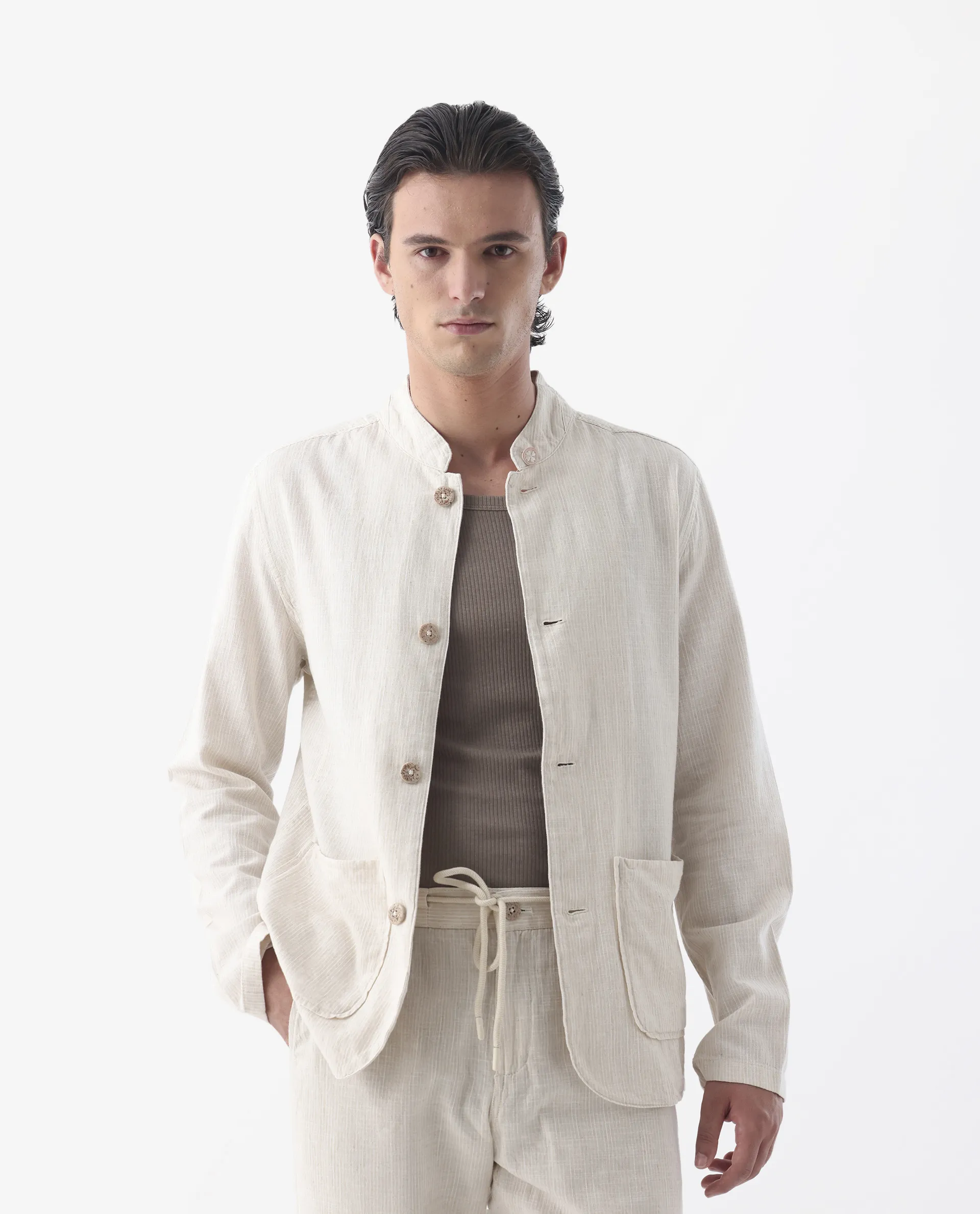 Rare Rabbit Men's Trex Beige Linen Blend Striped Print Regular Fit Full Sleeve Mandarin Collar Jacket - Image 2