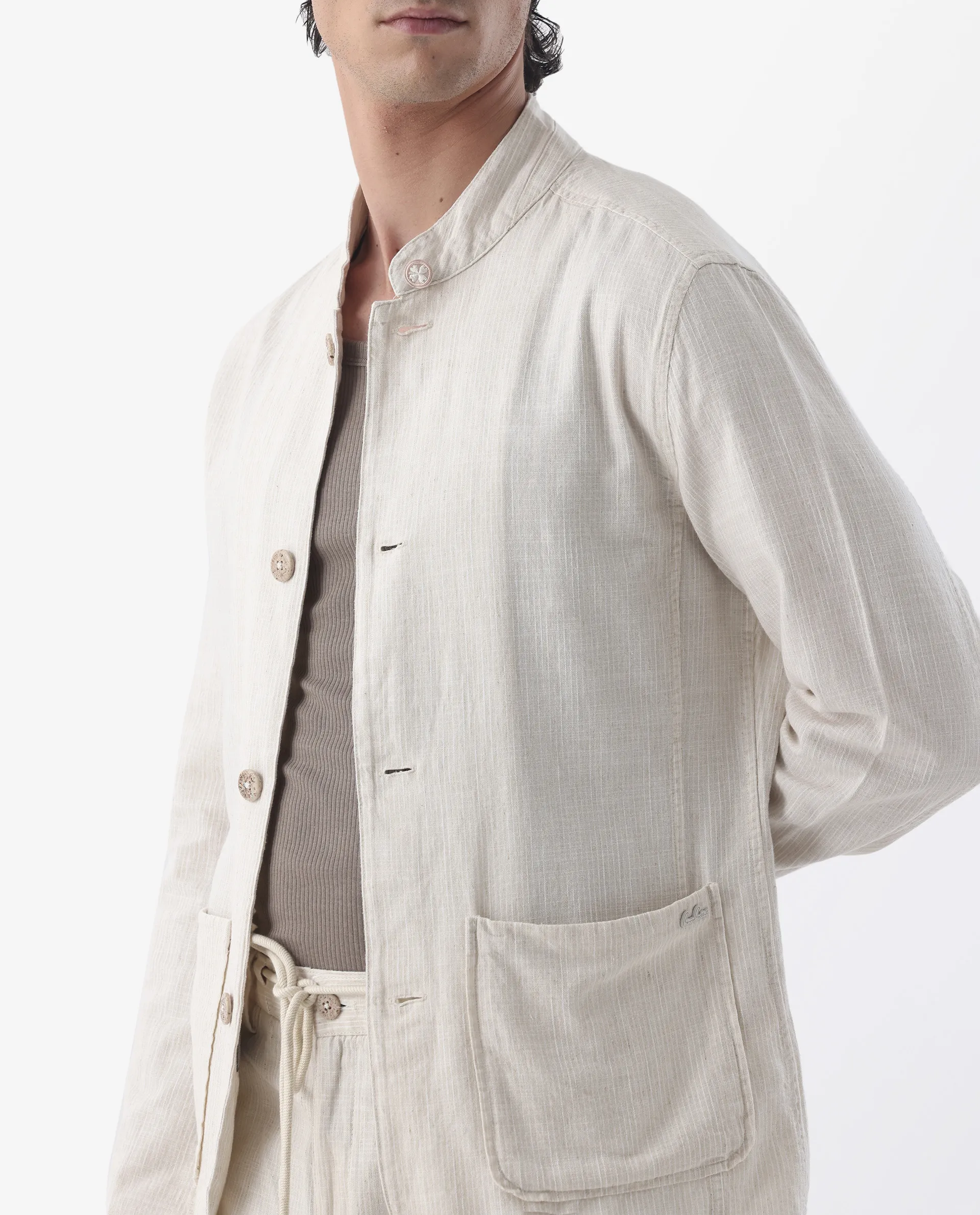 Rare Rabbit Men's Trex Beige Linen Blend Striped Print Regular Fit Full Sleeve Mandarin Collar Jacket - Image 3