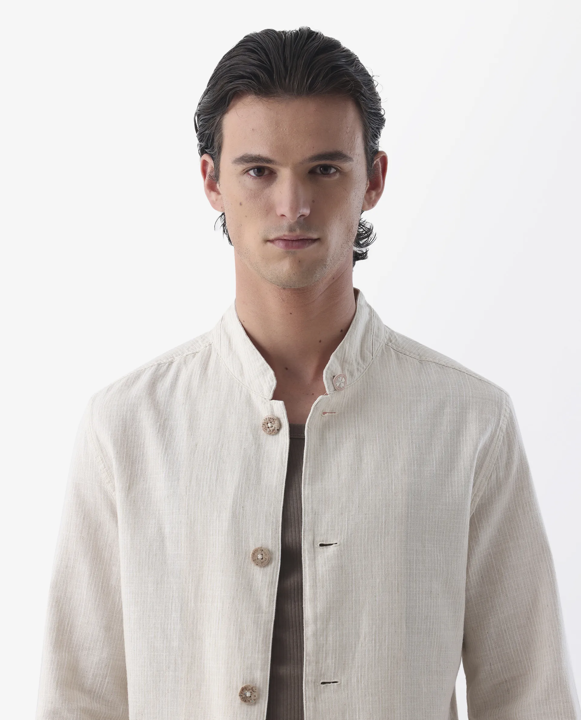 Rare Rabbit Men's Trex Beige Linen Blend Striped Print Regular Fit Full Sleeve Mandarin Collar Jacket - Image 4