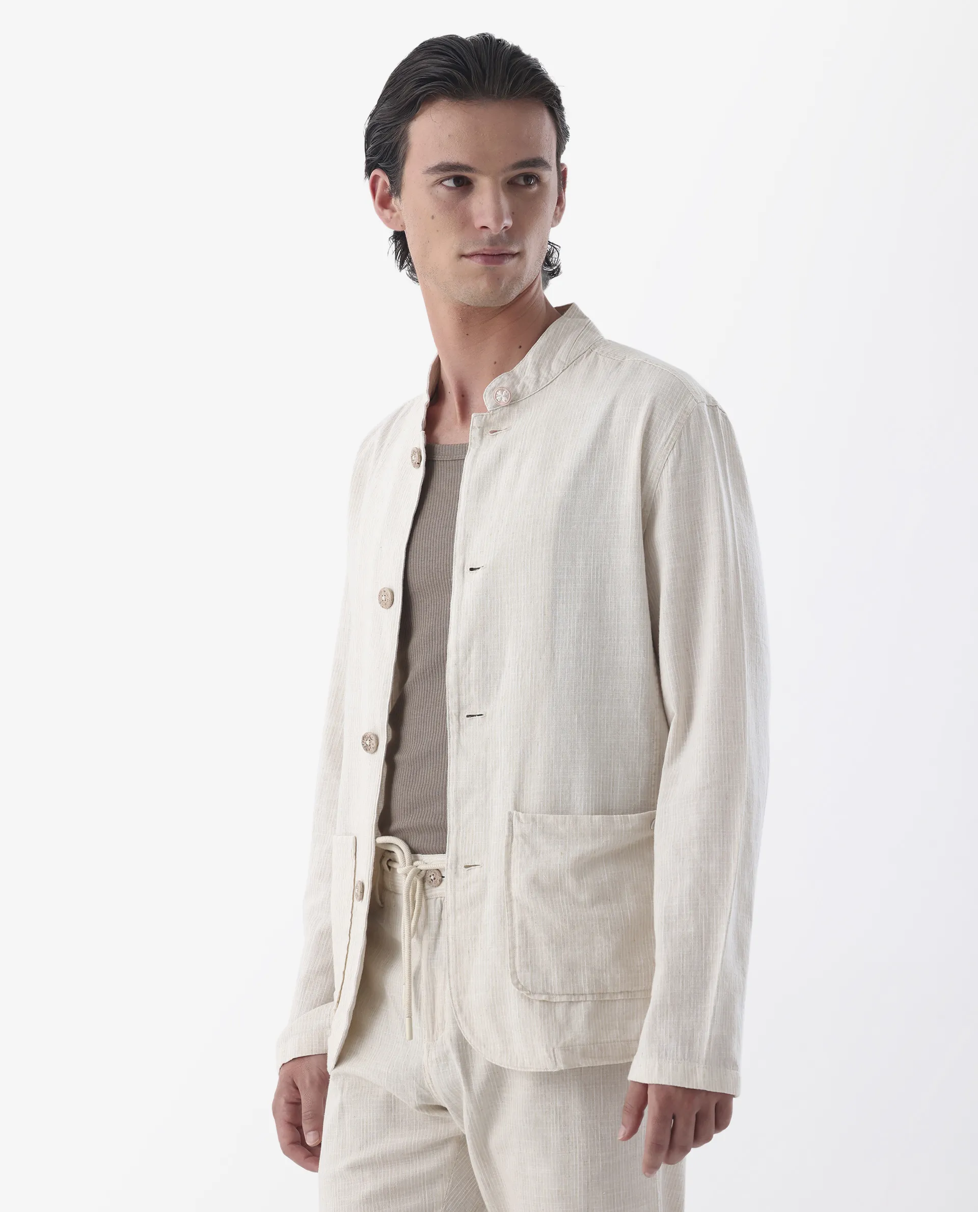 Rare Rabbit Men's Trex Beige Linen Blend Striped Print Regular Fit Full Sleeve Mandarin Collar Jacket - Image 5