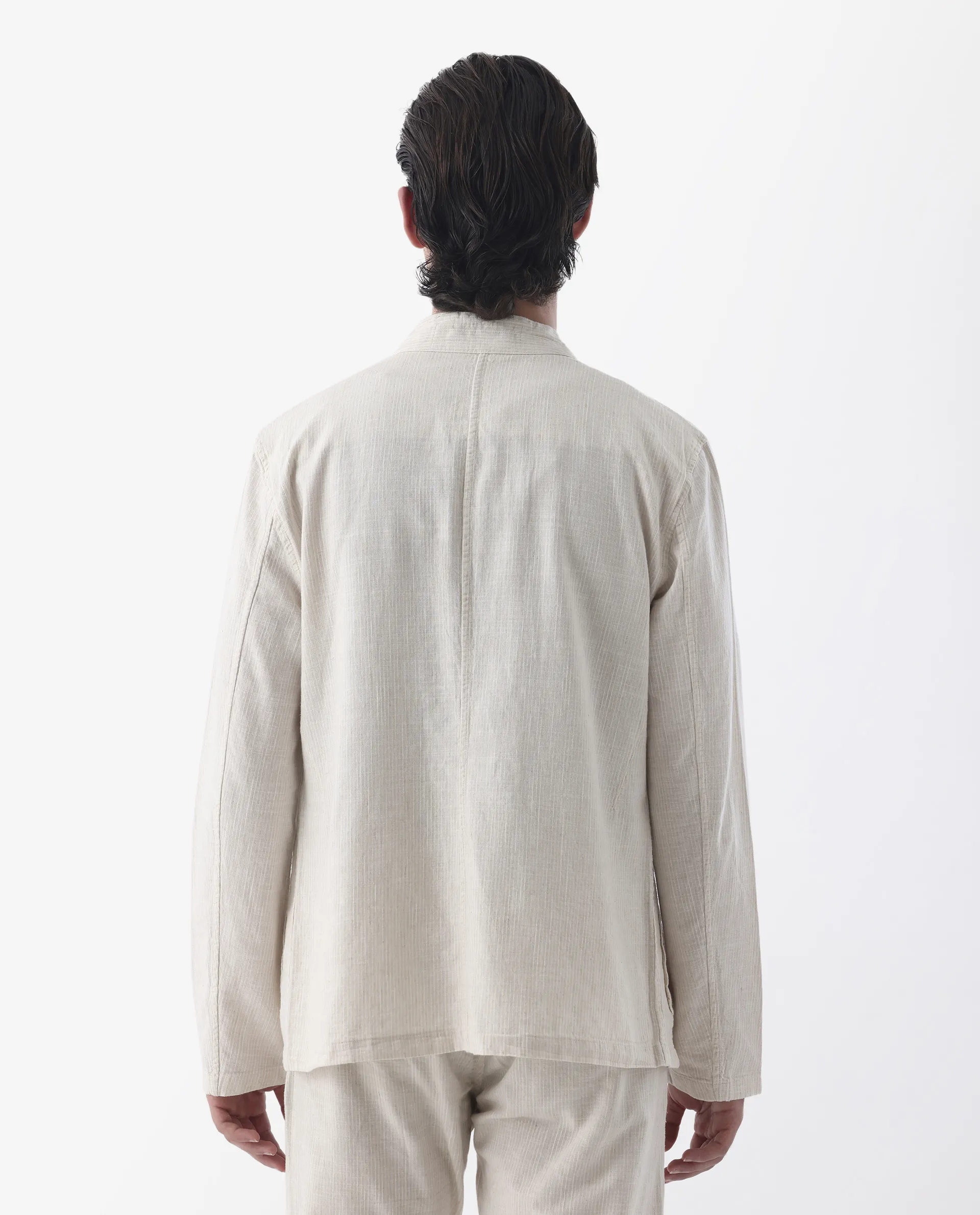 Rare Rabbit Men's Trex Beige Linen Blend Striped Print Regular Fit Full Sleeve Mandarin Collar Jacket - Image 7
