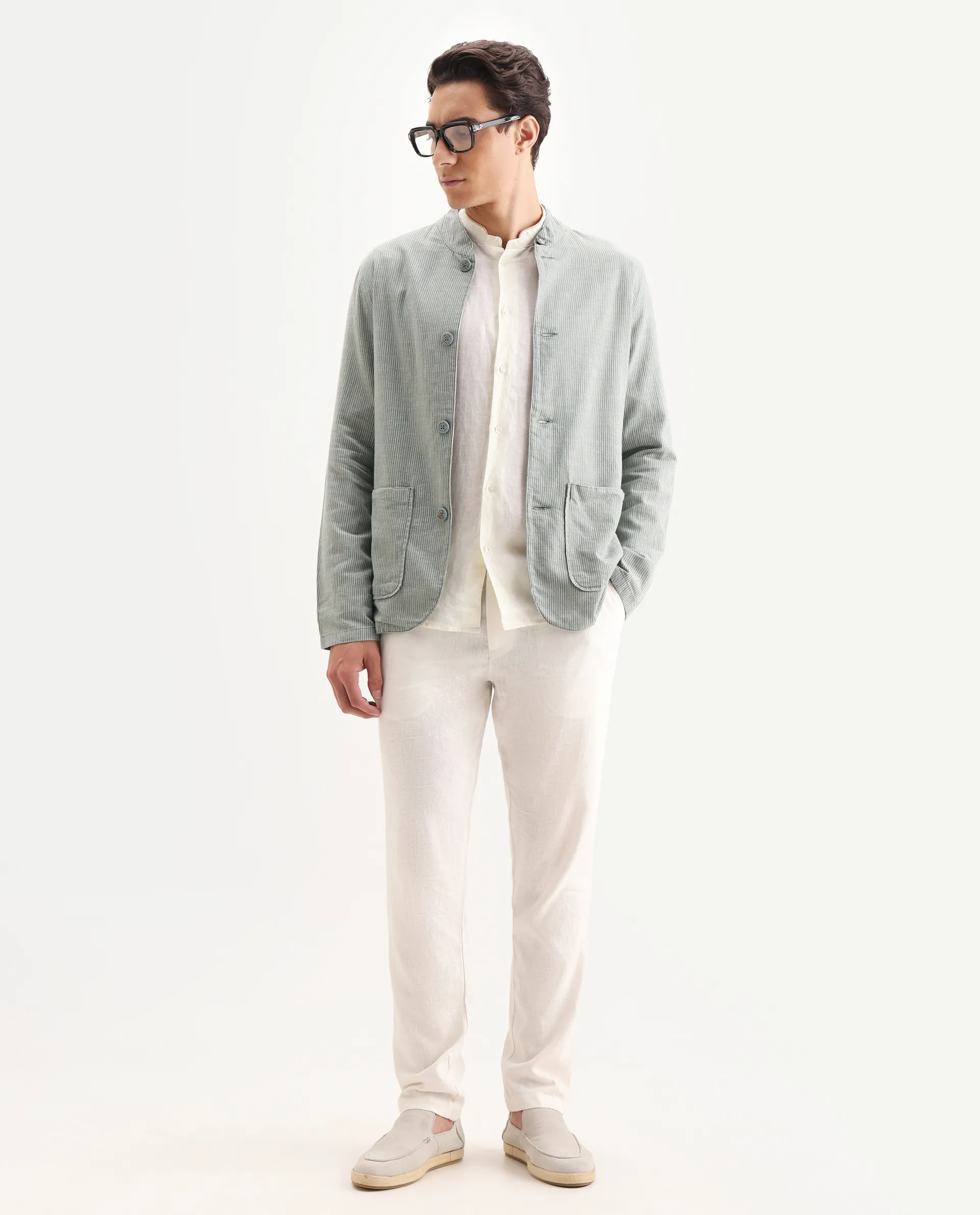 Rare Rabbit Men's Trex Green Linen Blend Striped Print Regular Fit Full Sleeve Mandarin Collar Jacket - Image 2