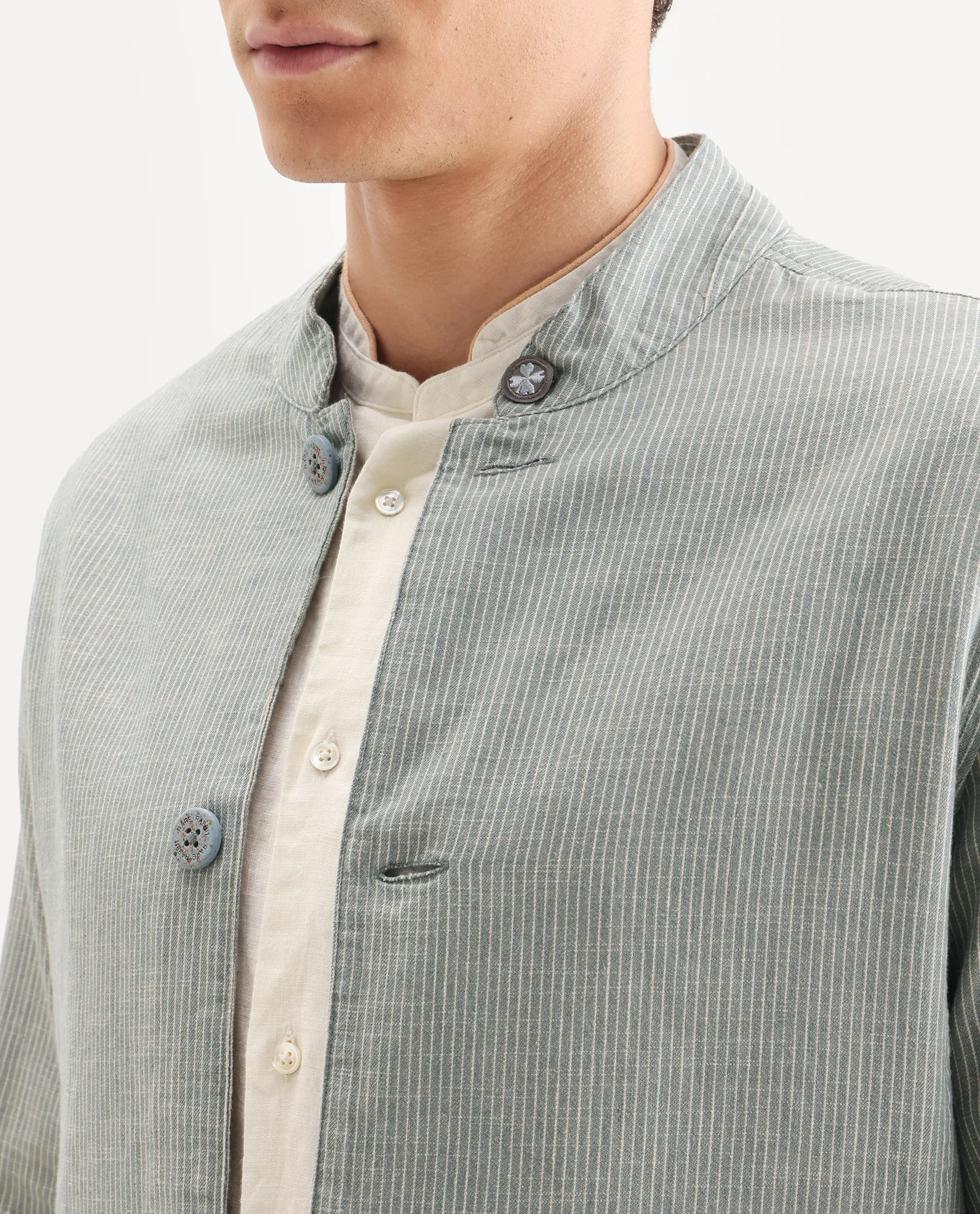 Rare Rabbit Men's Trex Green Linen Blend Striped Print Regular Fit Full Sleeve Mandarin Collar Jacket - Image 3