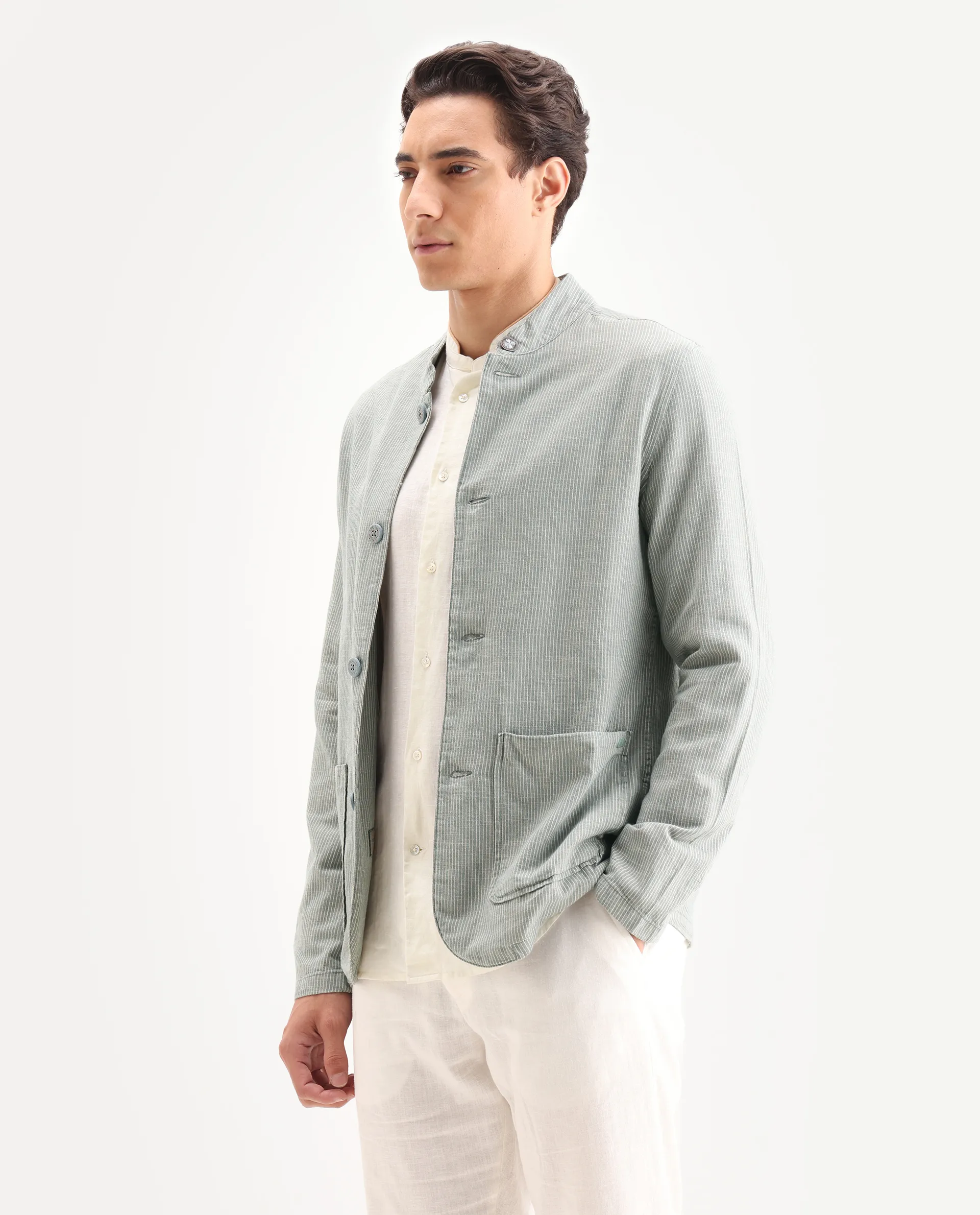 Rare Rabbit Men's Trex Green Linen Blend Striped Print Regular Fit Full Sleeve Mandarin Collar Jacket - Image 5
