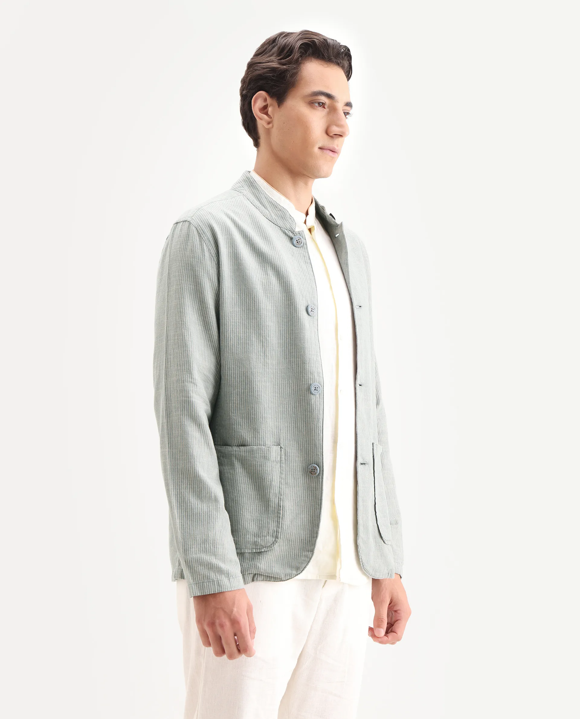 Rare Rabbit Men's Trex Green Linen Blend Striped Print Regular Fit Full Sleeve Mandarin Collar Jacket - Image 6