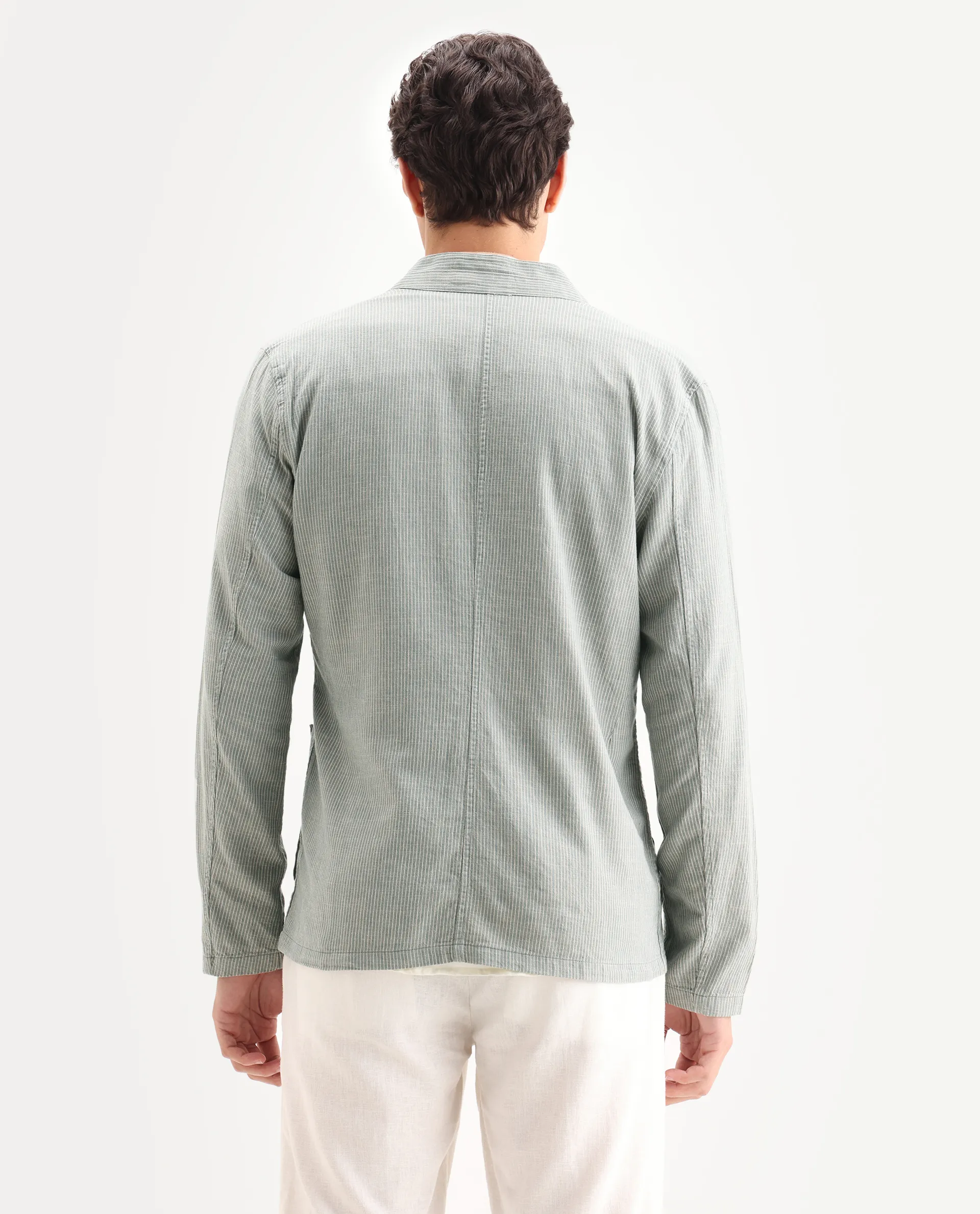 Rare Rabbit Men's Trex Green Linen Blend Striped Print Regular Fit Full Sleeve Mandarin Collar Jacket - Image 7