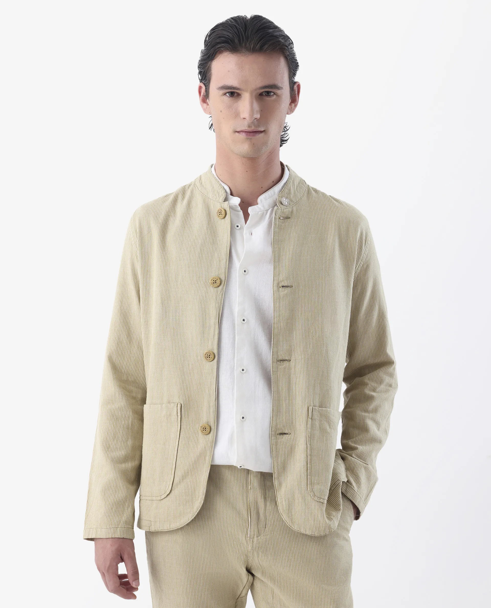 Rare Rabbit Men's Trex Mustard Linen Blend Striped Print Regular Fit Full Sleeve Mandarin Collar Jacket