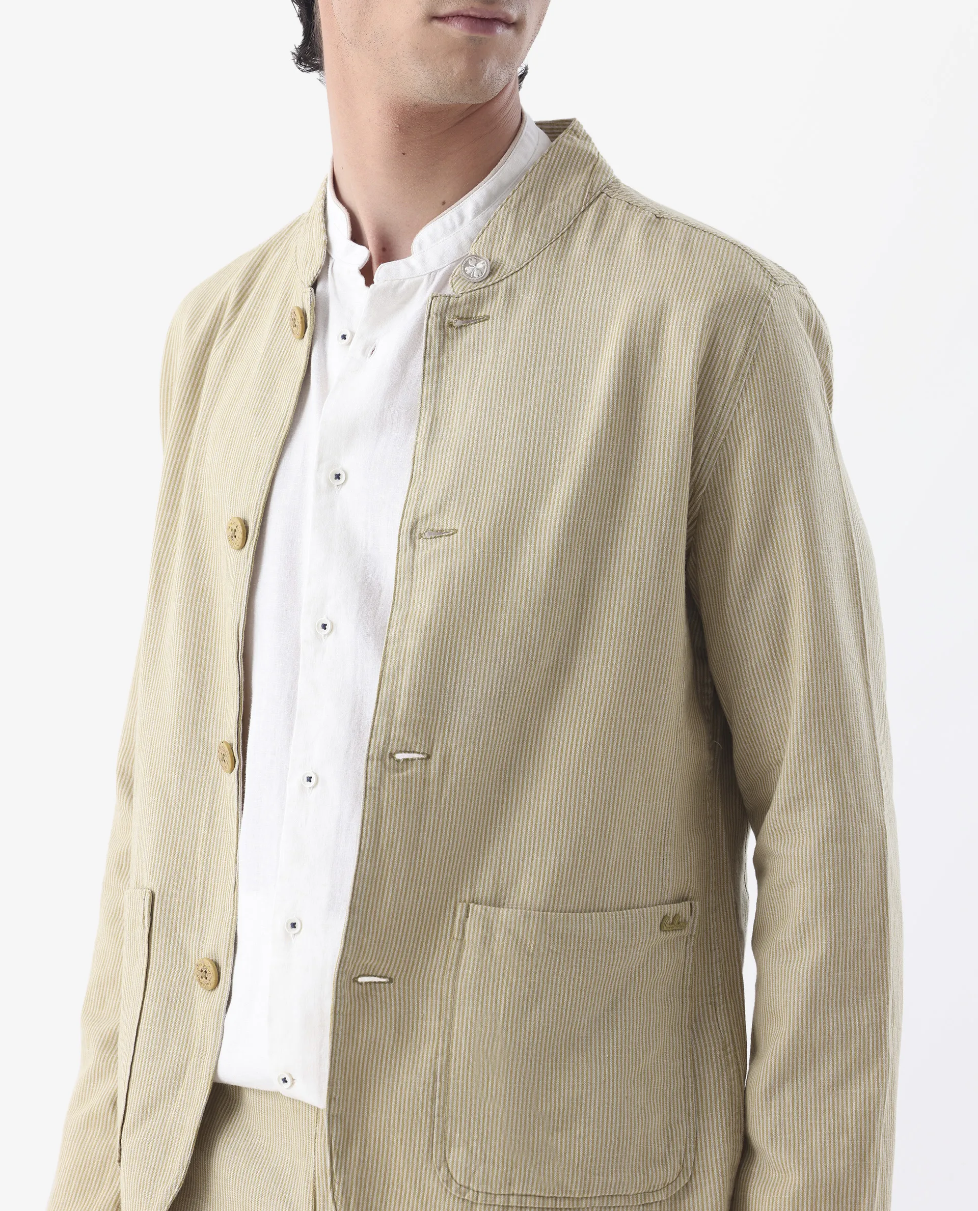 Rare Rabbit Men's Trex Mustard Linen Blend Striped Print Regular Fit Full Sleeve Mandarin Collar Jacket - Image 2