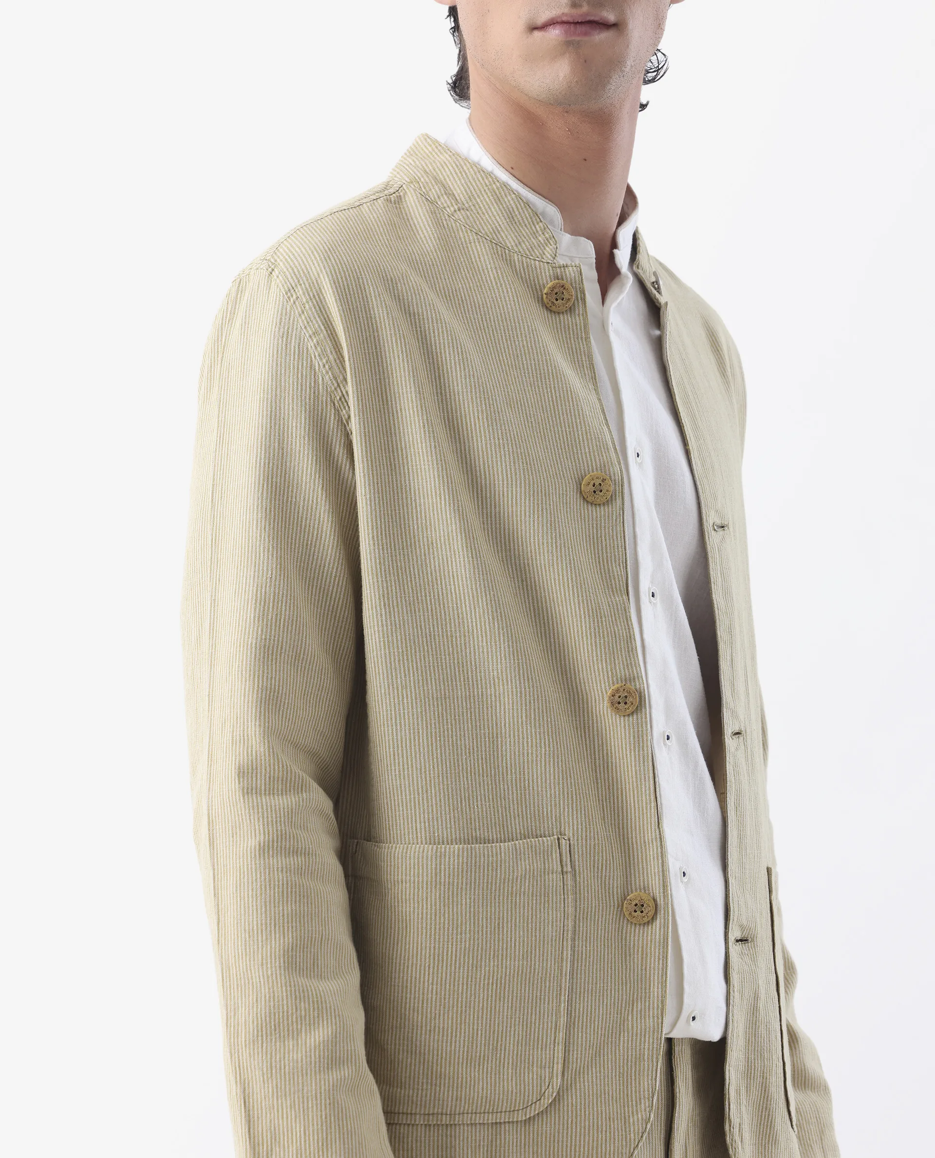 Rare Rabbit Men's Trex Mustard Linen Blend Striped Print Regular Fit Full Sleeve Mandarin Collar Jacket - Image 3