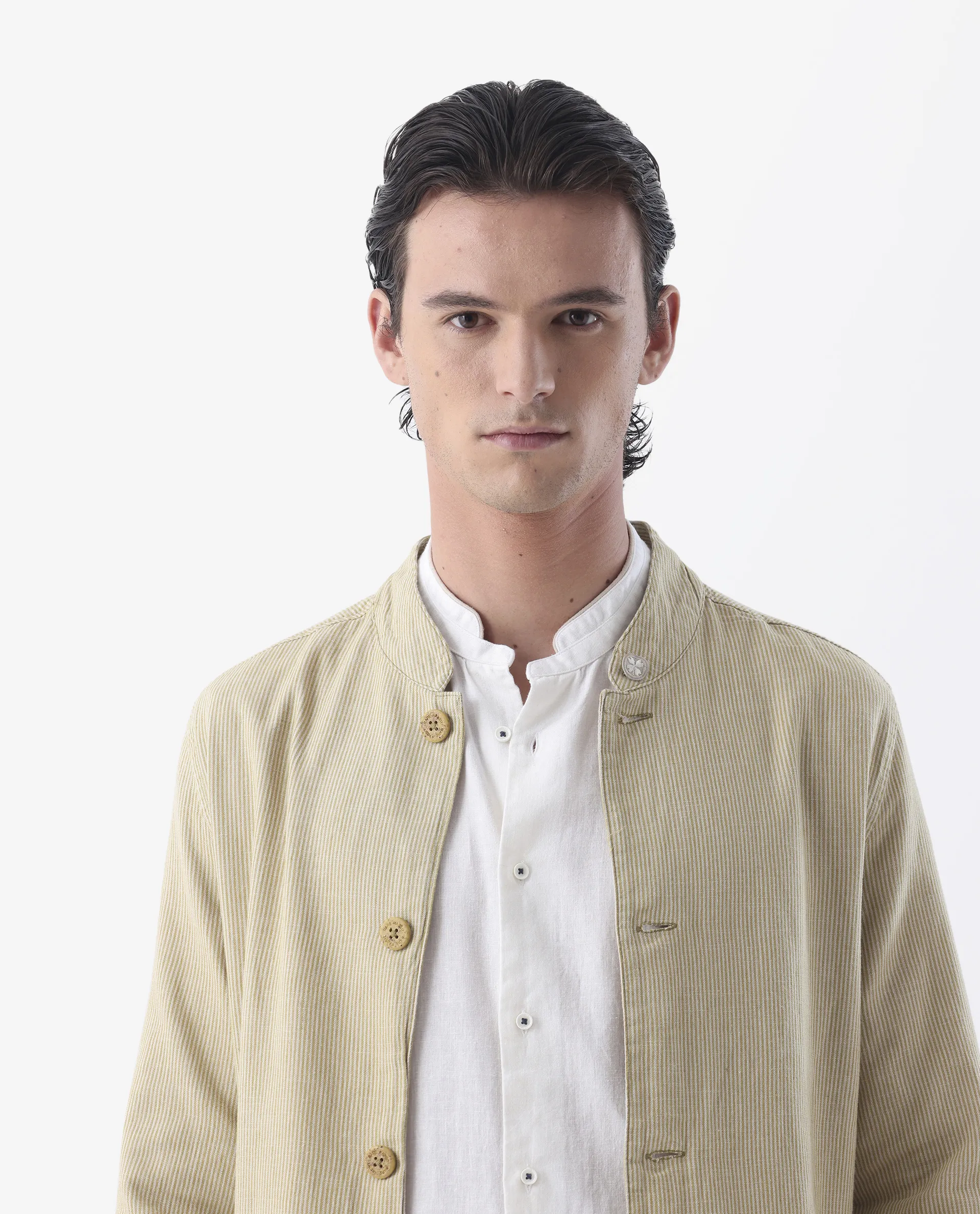 Rare Rabbit Men's Trex Mustard Linen Blend Striped Print Regular Fit Full Sleeve Mandarin Collar Jacket - Image 4