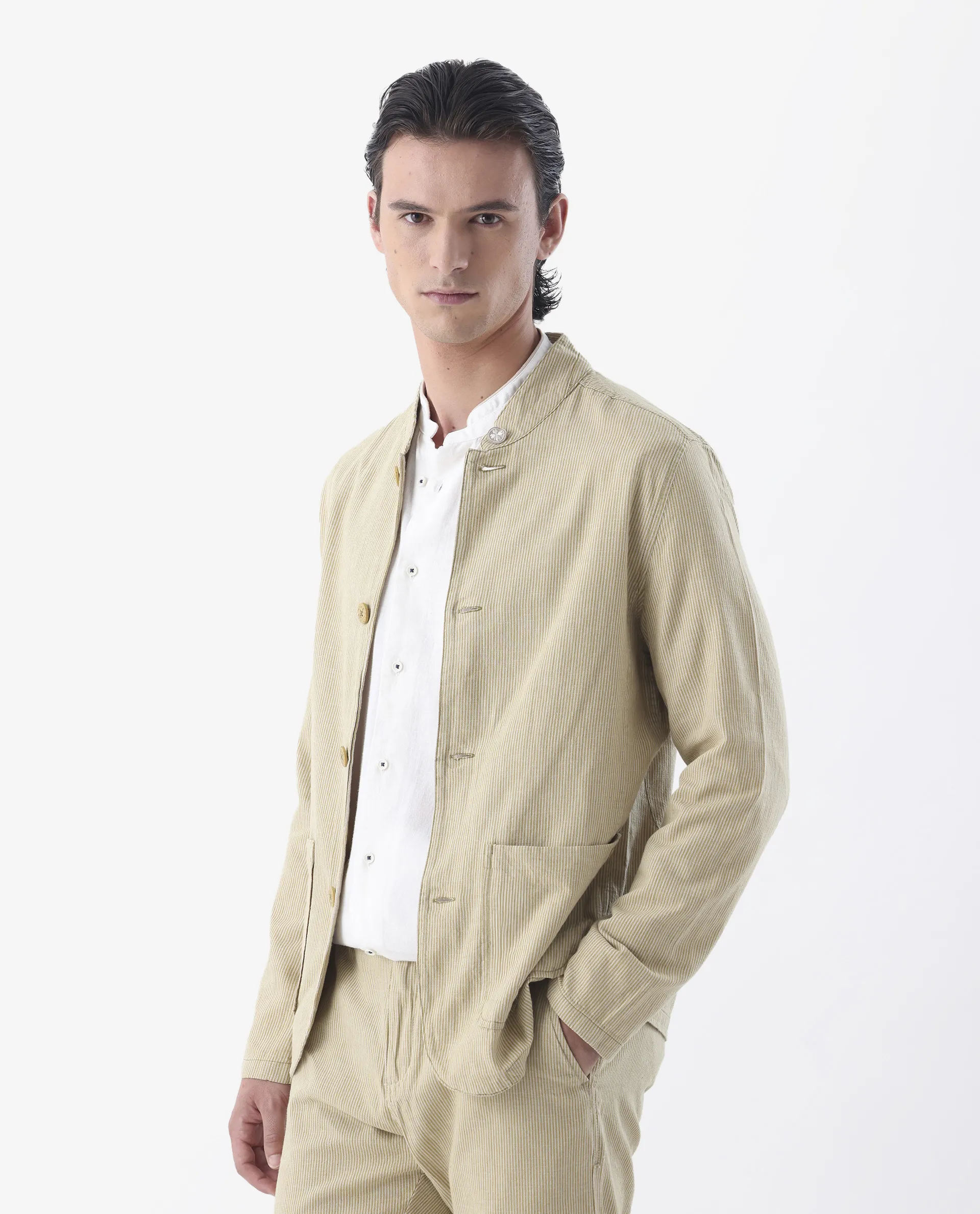 Rare Rabbit Men's Trex Mustard Linen Blend Striped Print Regular Fit Full Sleeve Mandarin Collar Jacket - Image 5