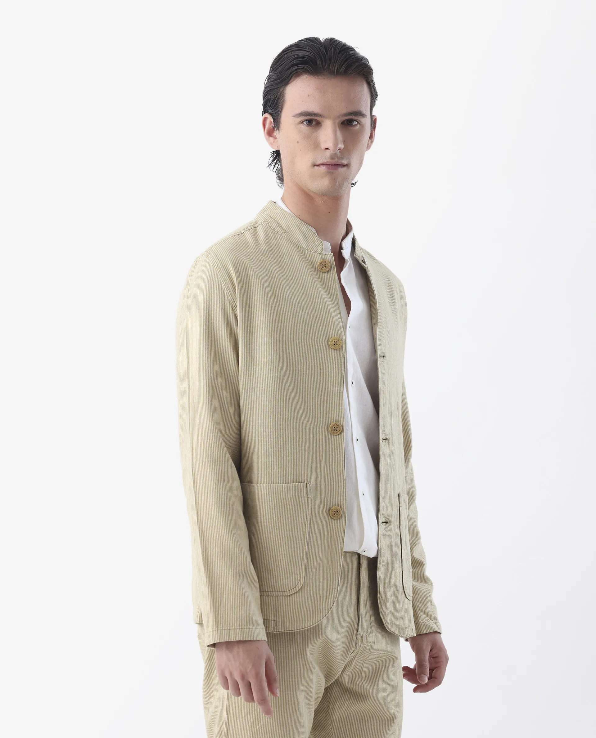 Rare Rabbit Men's Trex Mustard Linen Blend Striped Print Regular Fit Full Sleeve Mandarin Collar Jacket - Image 6