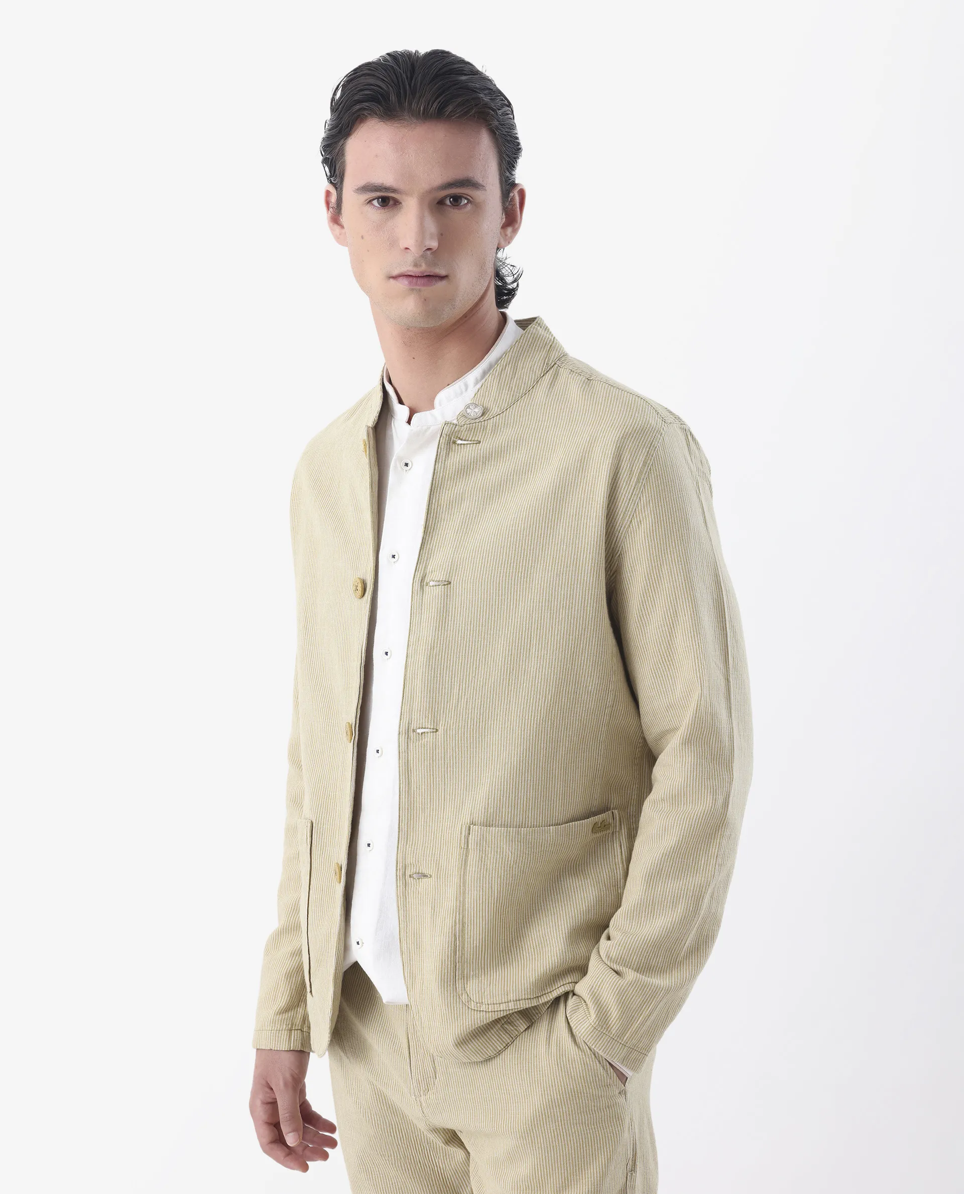 Rare Rabbit Men's Trex Mustard Linen Blend Striped Print Regular Fit Full Sleeve Mandarin Collar Jacket - Image 7