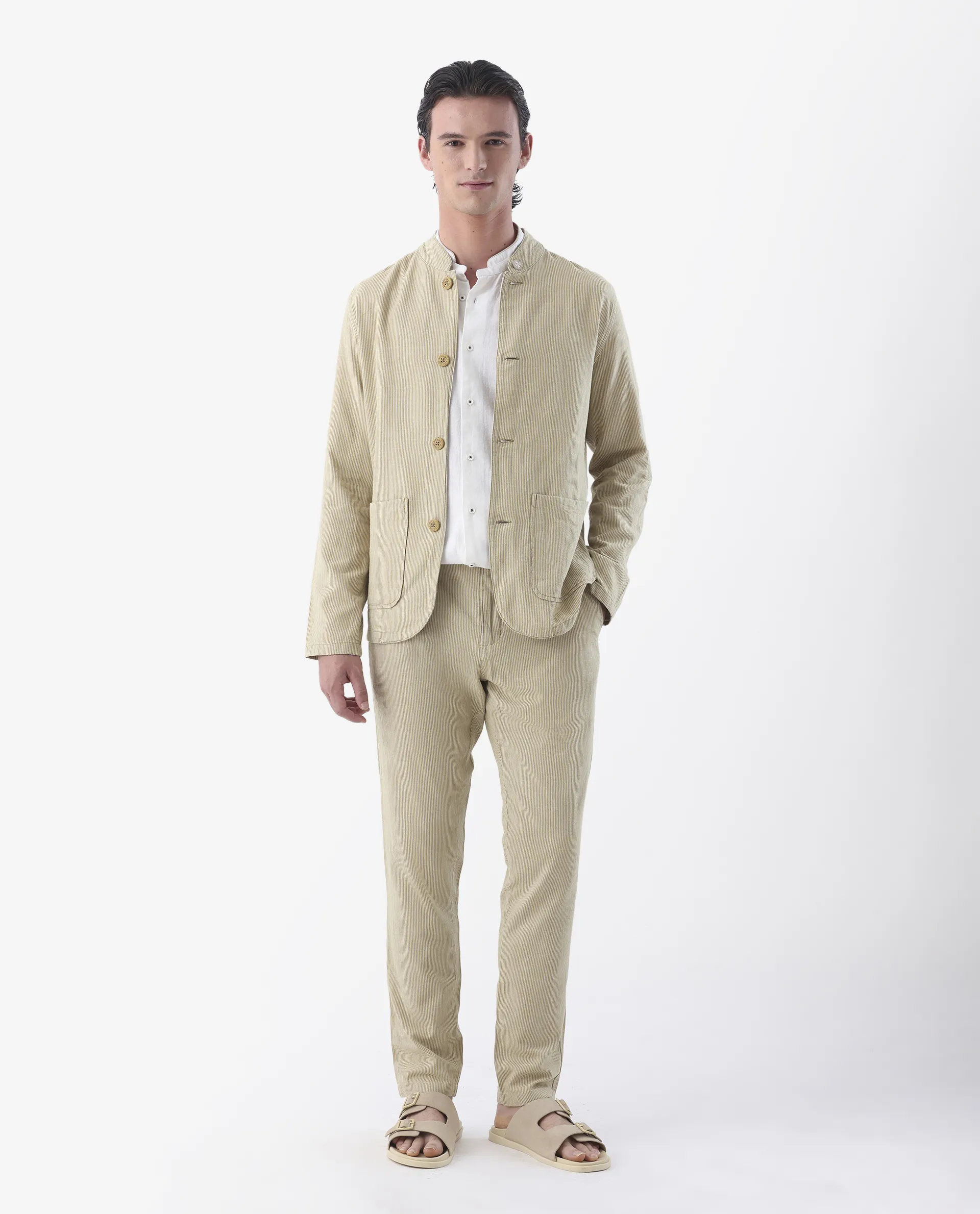 Rare Rabbit Men's Trex Mustard Linen Blend Striped Print Regular Fit Full Sleeve Mandarin Collar Jacket - Image 8