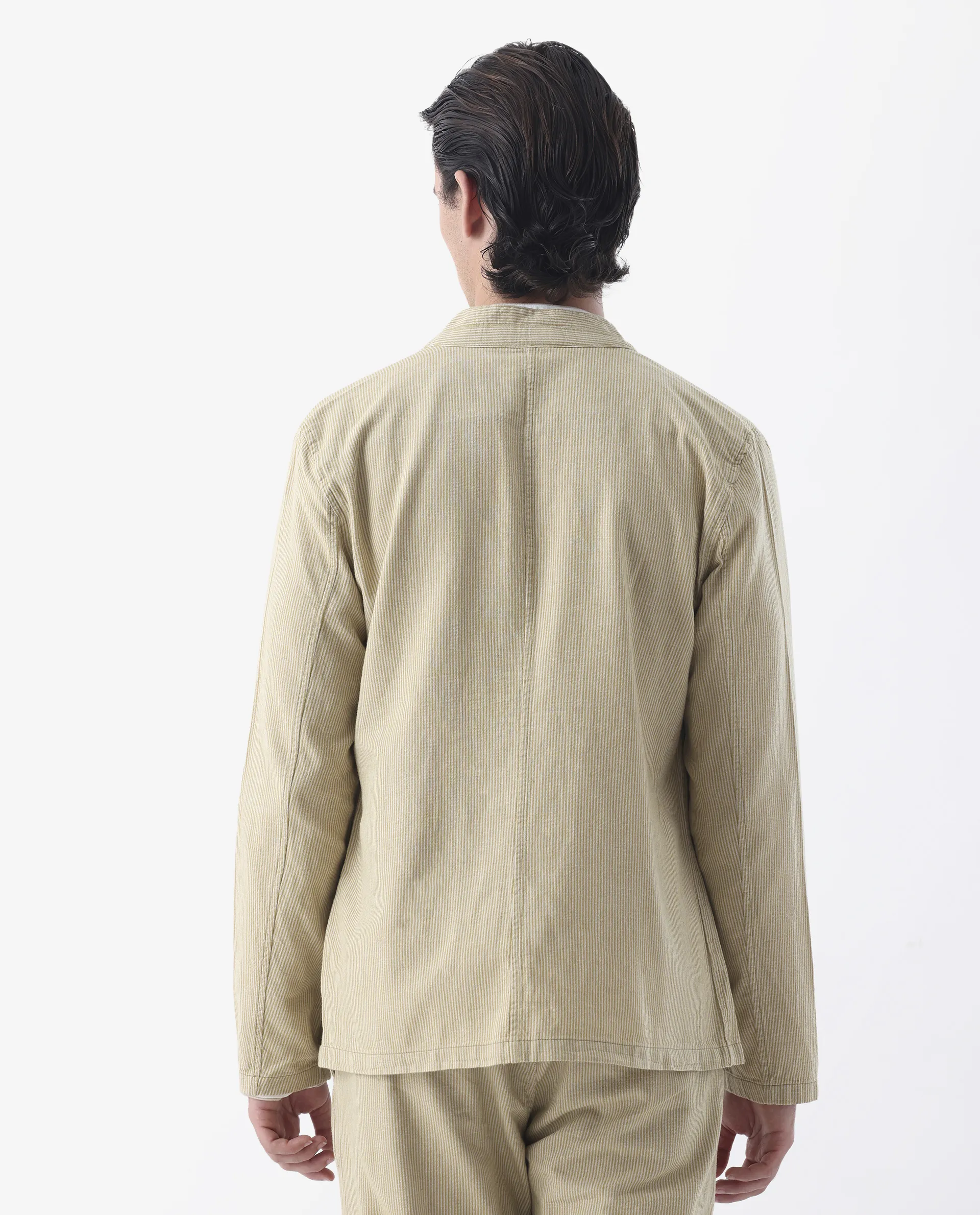 Rare Rabbit Men's Trex Mustard Linen Blend Striped Print Regular Fit Full Sleeve Mandarin Collar Jacket - Image 9