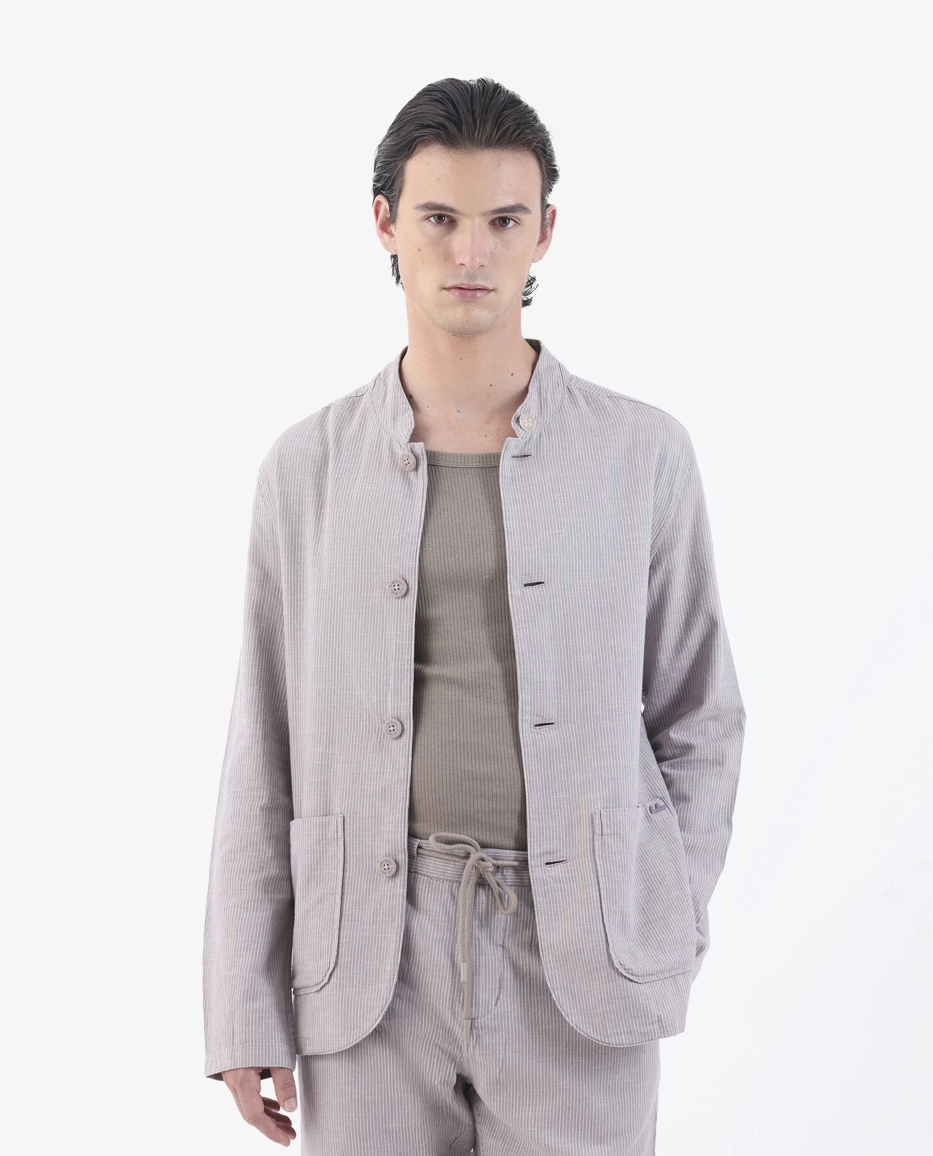 Rare Rabbit Men's Trex Pink Linen Blend Striped Print Regular Fit Full Sleeve Mandarin Collar Jacket - Image 2