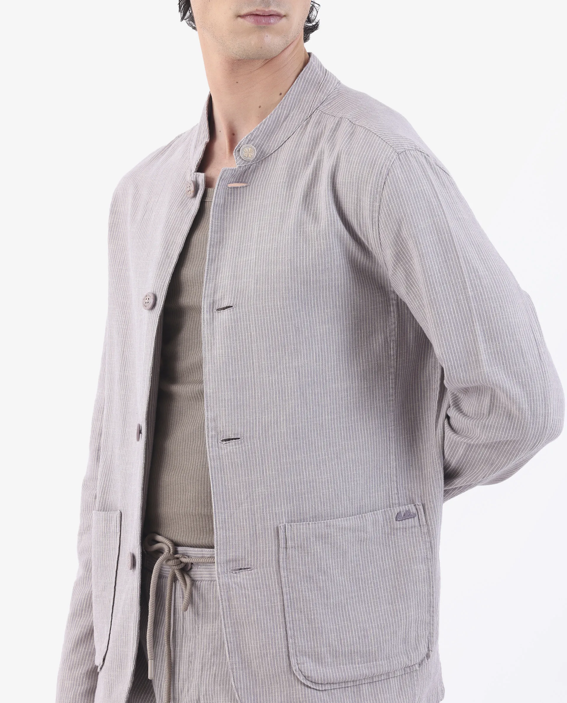 Rare Rabbit Men's Trex Pink Linen Blend Striped Print Regular Fit Full Sleeve Mandarin Collar Jacket - Image 3