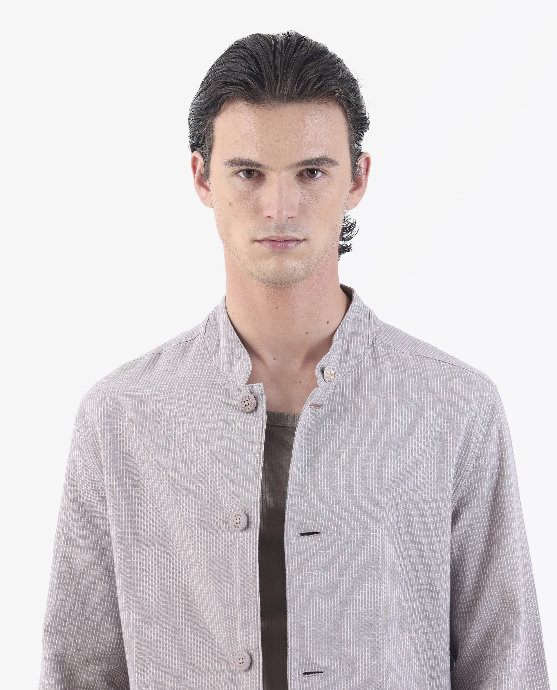 Rare Rabbit Men's Trex Pink Linen Blend Striped Print Regular Fit Full Sleeve Mandarin Collar Jacket - Image 4